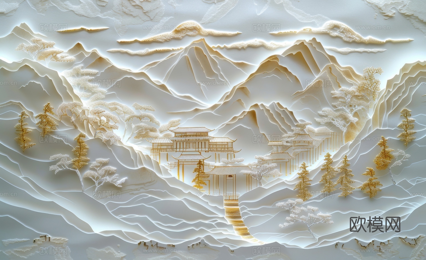 新中式亭台楼阁线条建筑壁画下载（渲染图2）