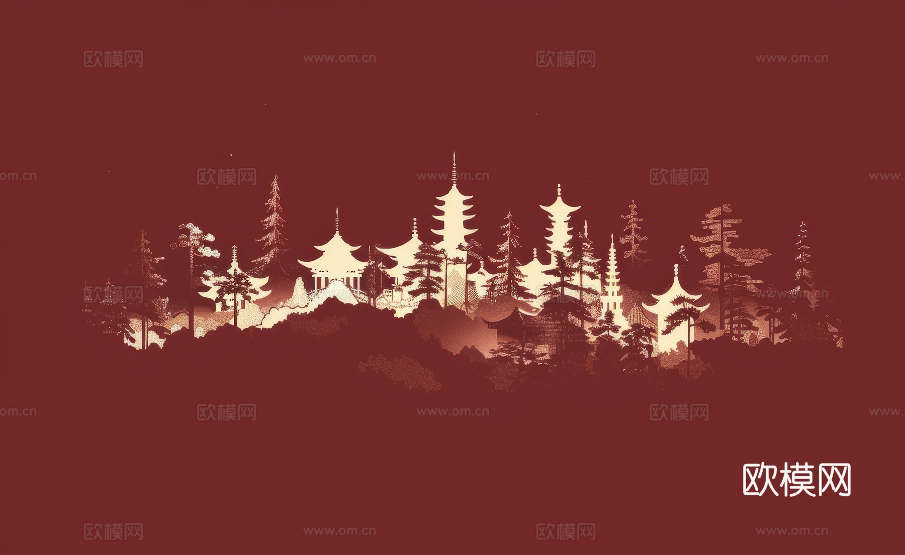 新中式亭台楼阁线条建筑壁画下载（渲染图3）