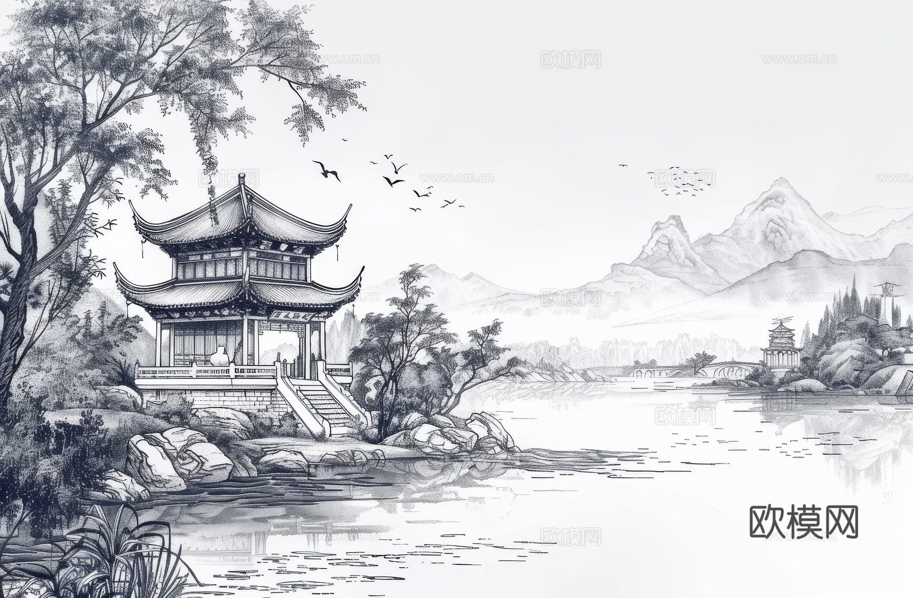 新中式亭台楼阁线条建筑壁画