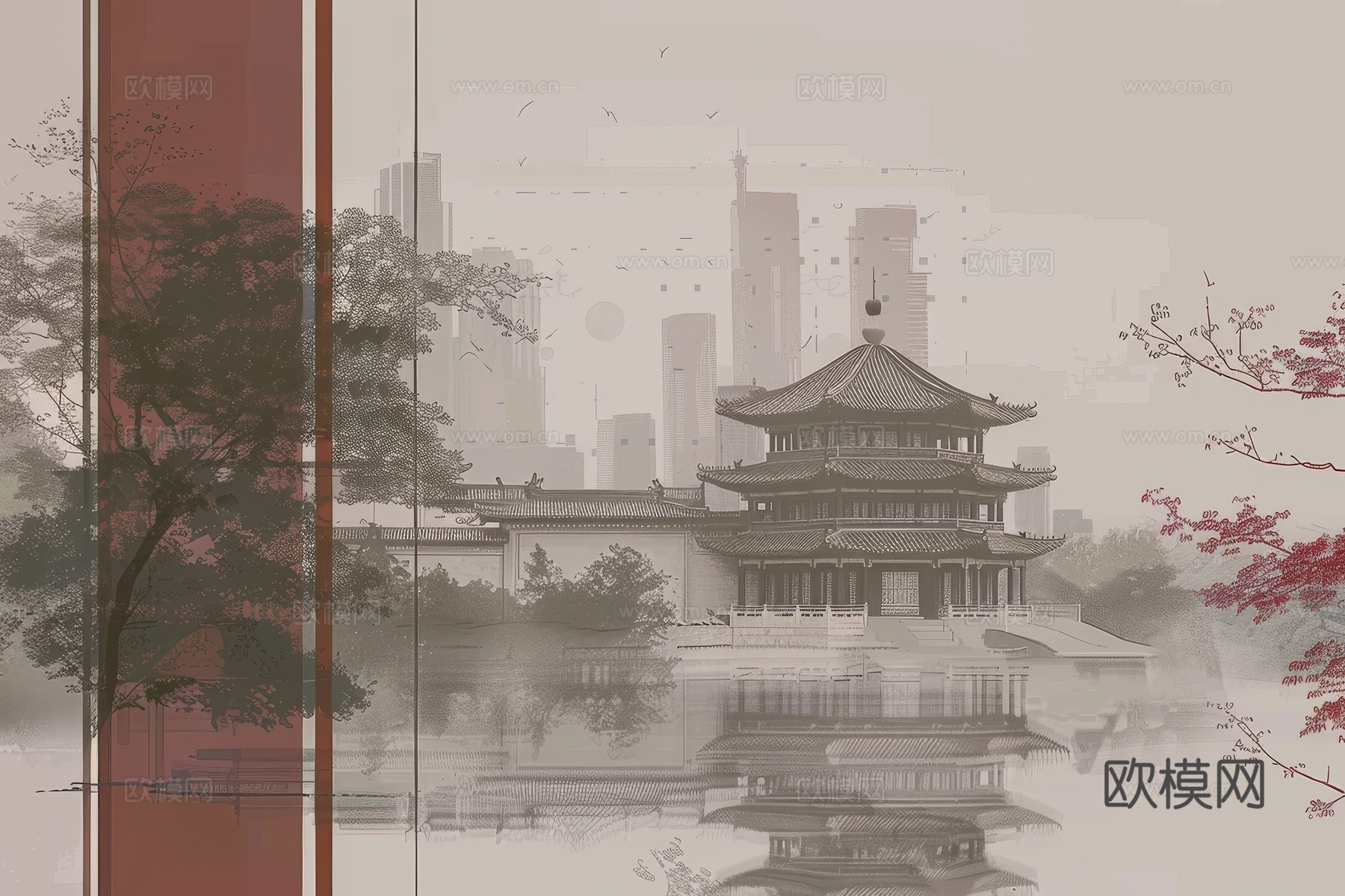新中式亭台楼阁线条建筑壁画