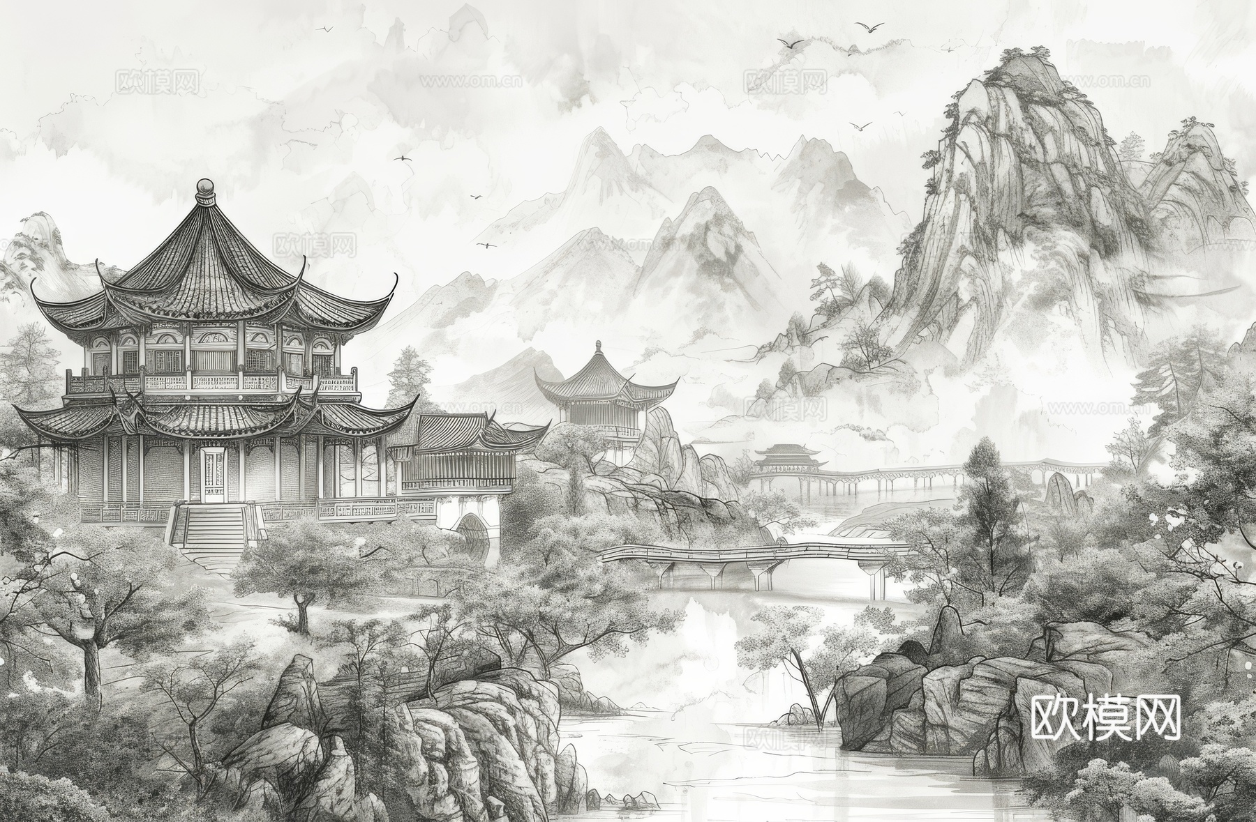 新中式亭台楼阁线条建筑壁画下载（渲染图5）