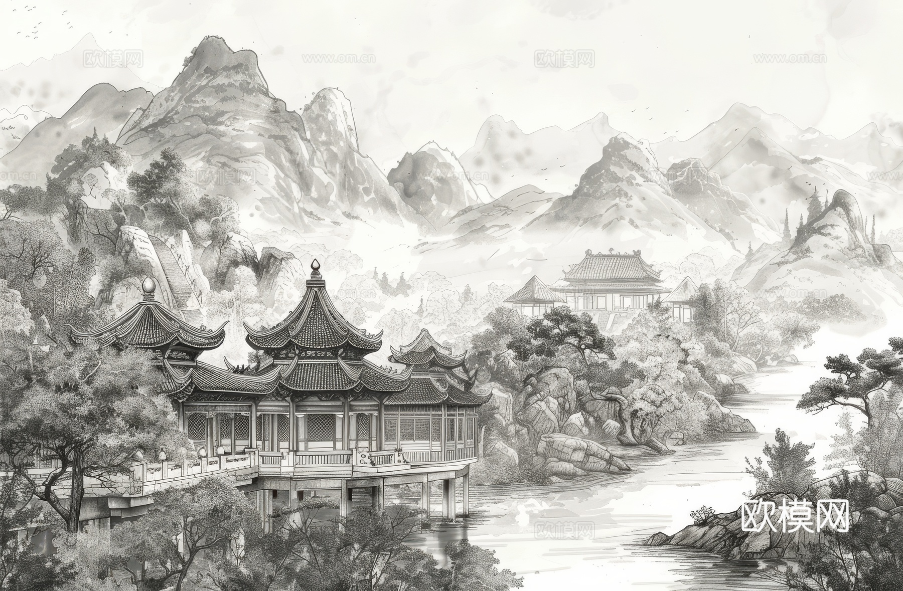 新中式亭台楼阁线条建筑壁画
