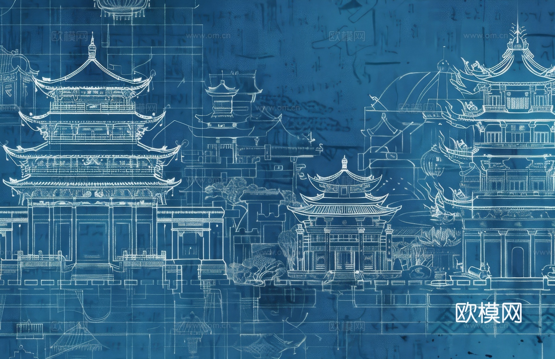 新中式亭台楼阁线条建筑壁画