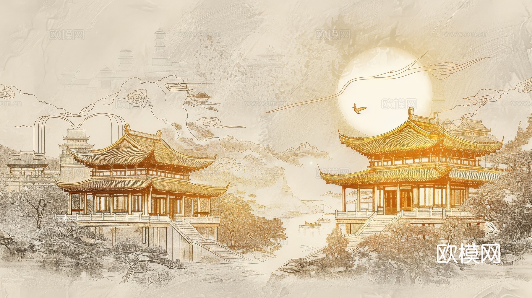 新中式亭台楼阁线条建筑壁画
