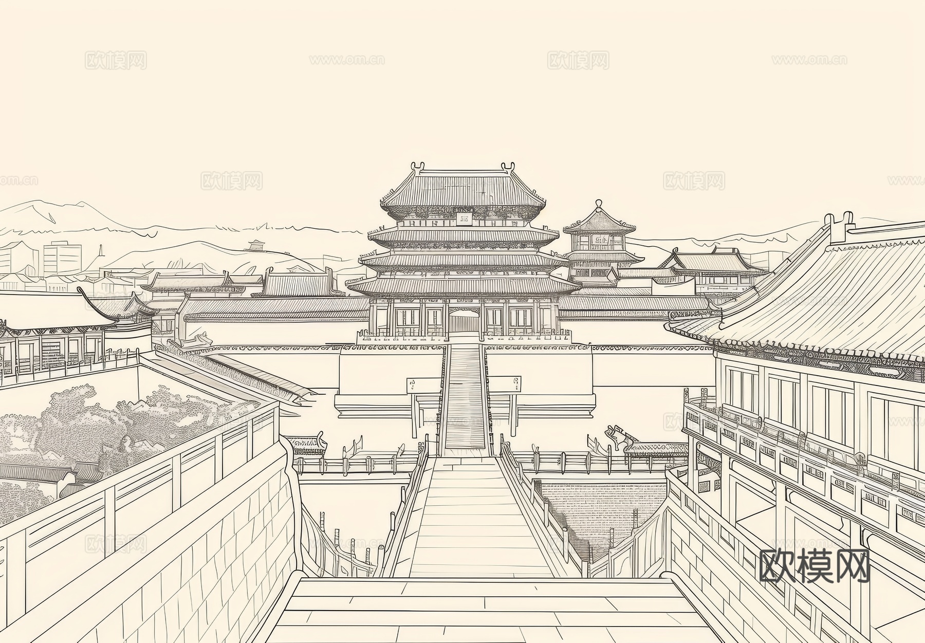 新中式亭台楼阁线条建筑壁画下载（渲染图1）