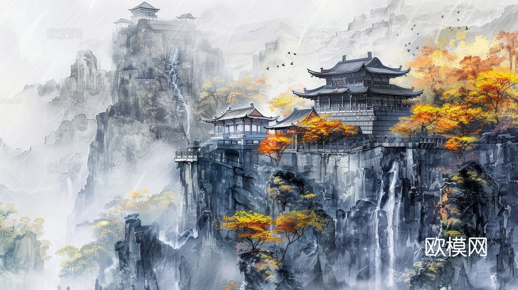 新中式亭台楼阁线条建筑壁画