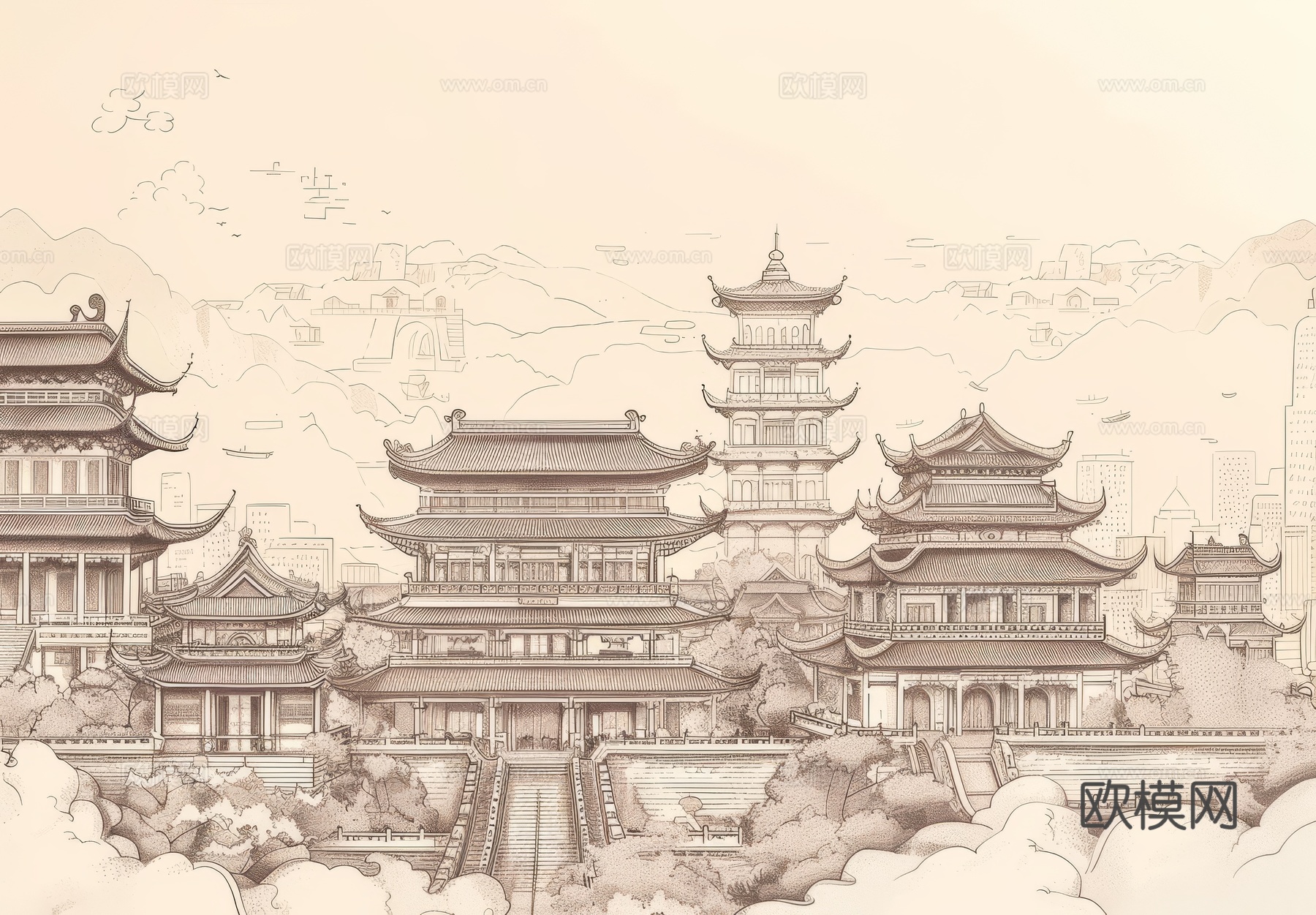 新中式亭台楼阁线条建筑壁画