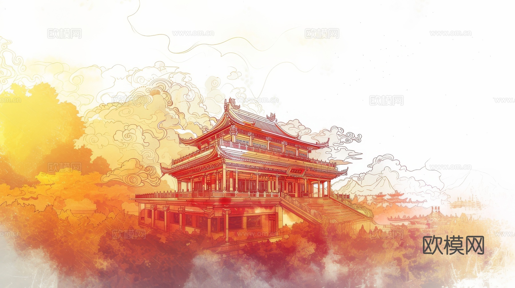 新中式亭台楼阁线条建筑壁画