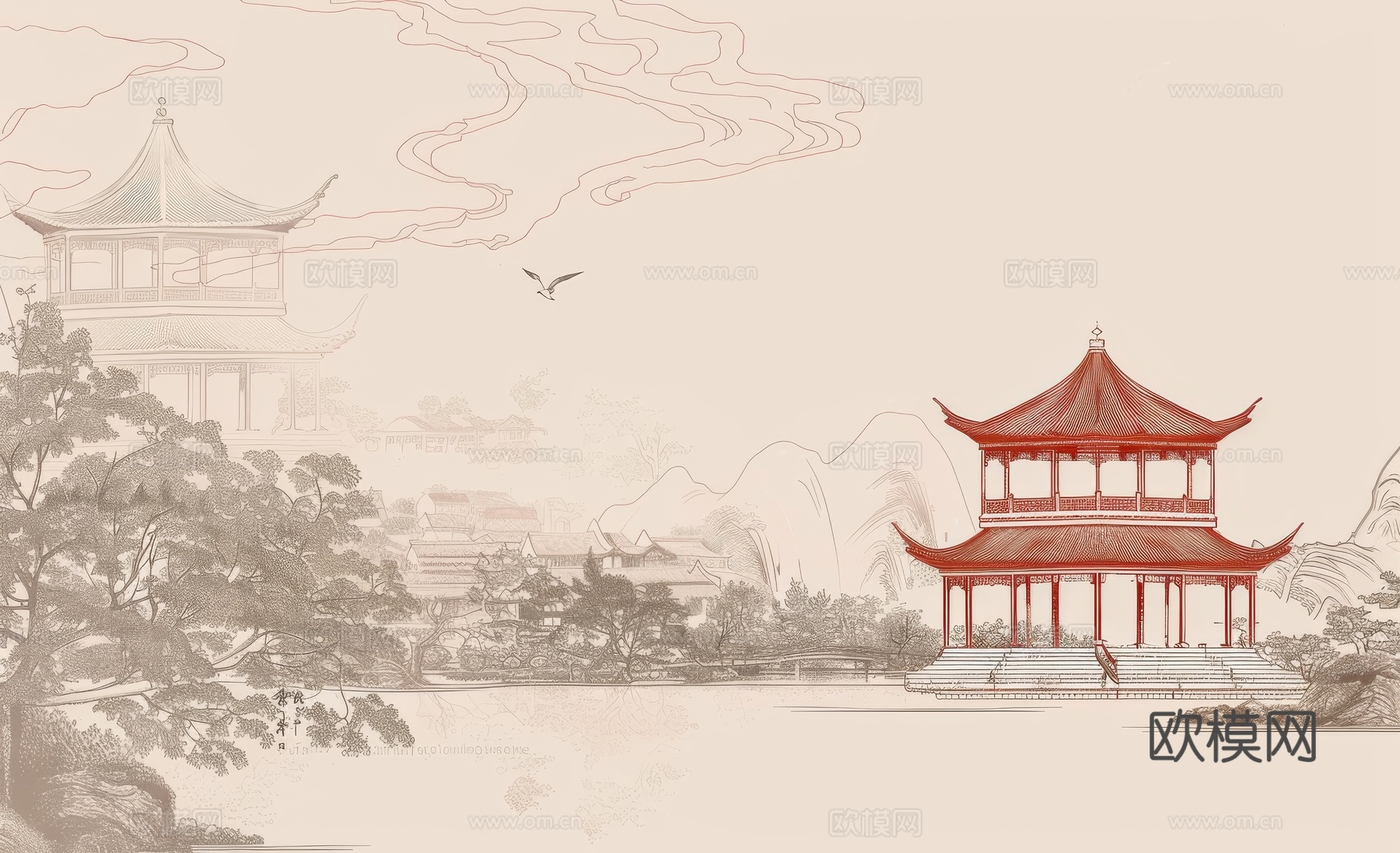 新中式亭台楼阁线条建筑壁画