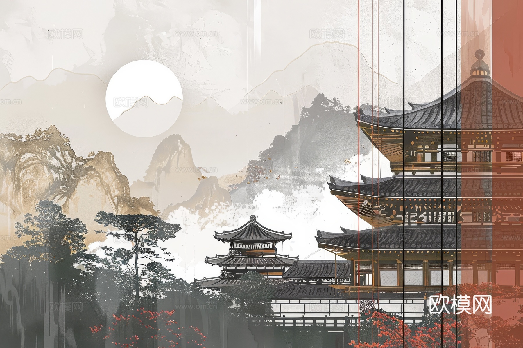 新中式亭台楼阁线条建筑壁画
