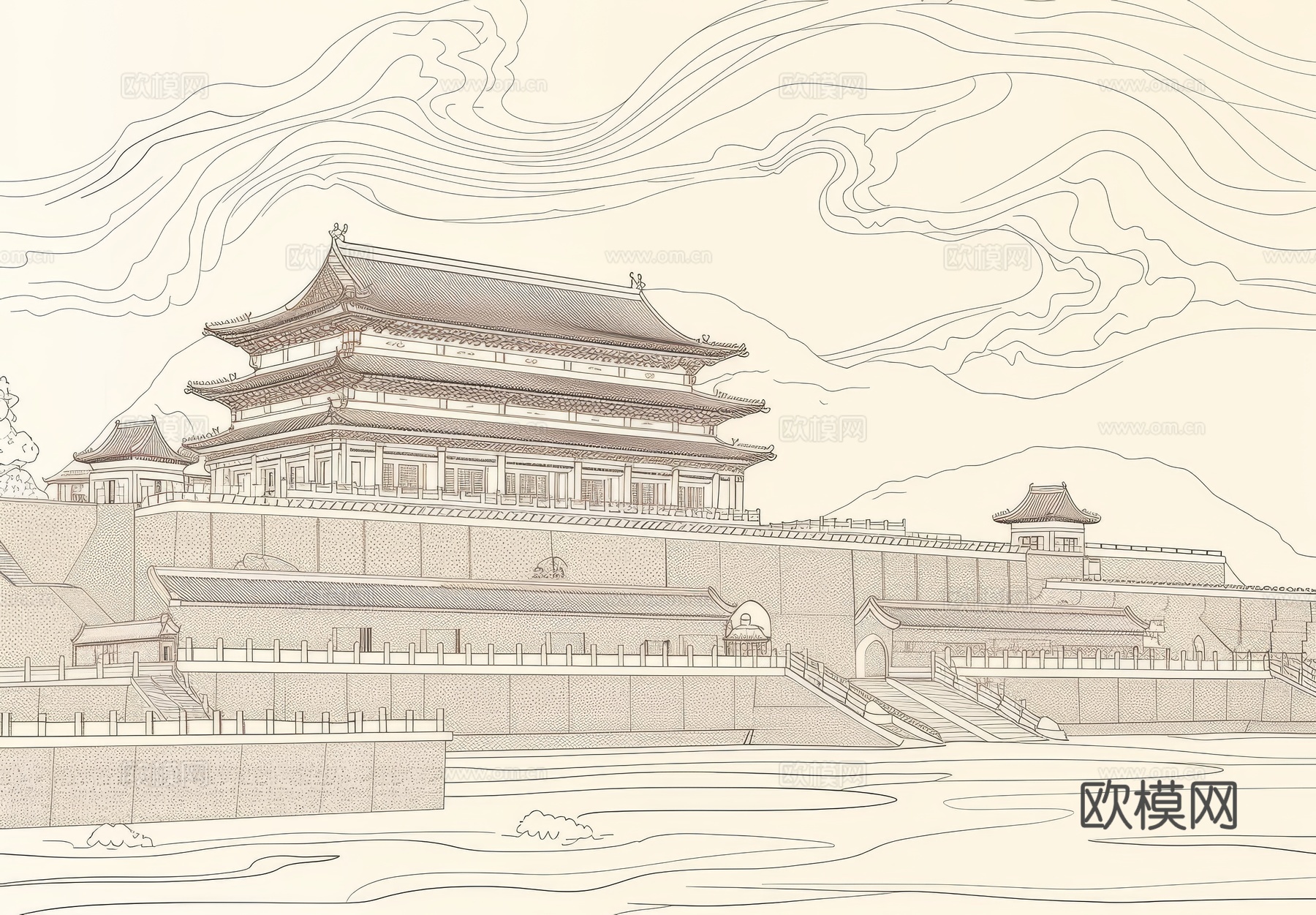 新中式亭台楼阁线条建筑壁画下载（渲染图5）