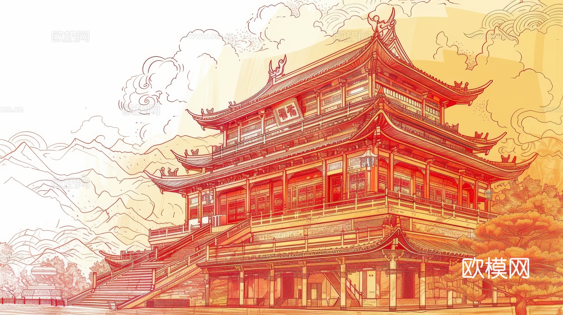 新中式亭台楼阁线条建筑壁画