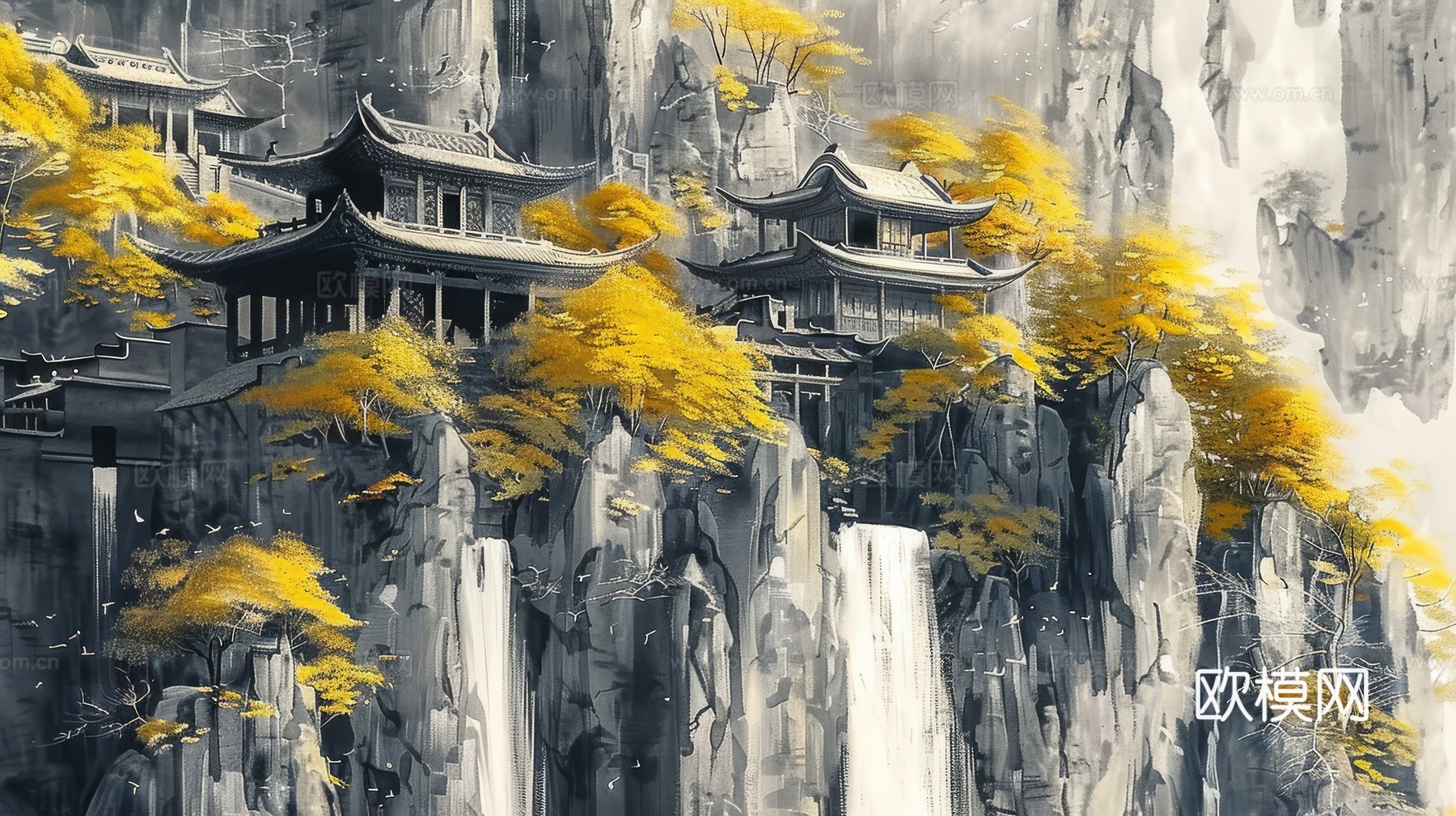 新中式亭台楼阁线条建筑壁画