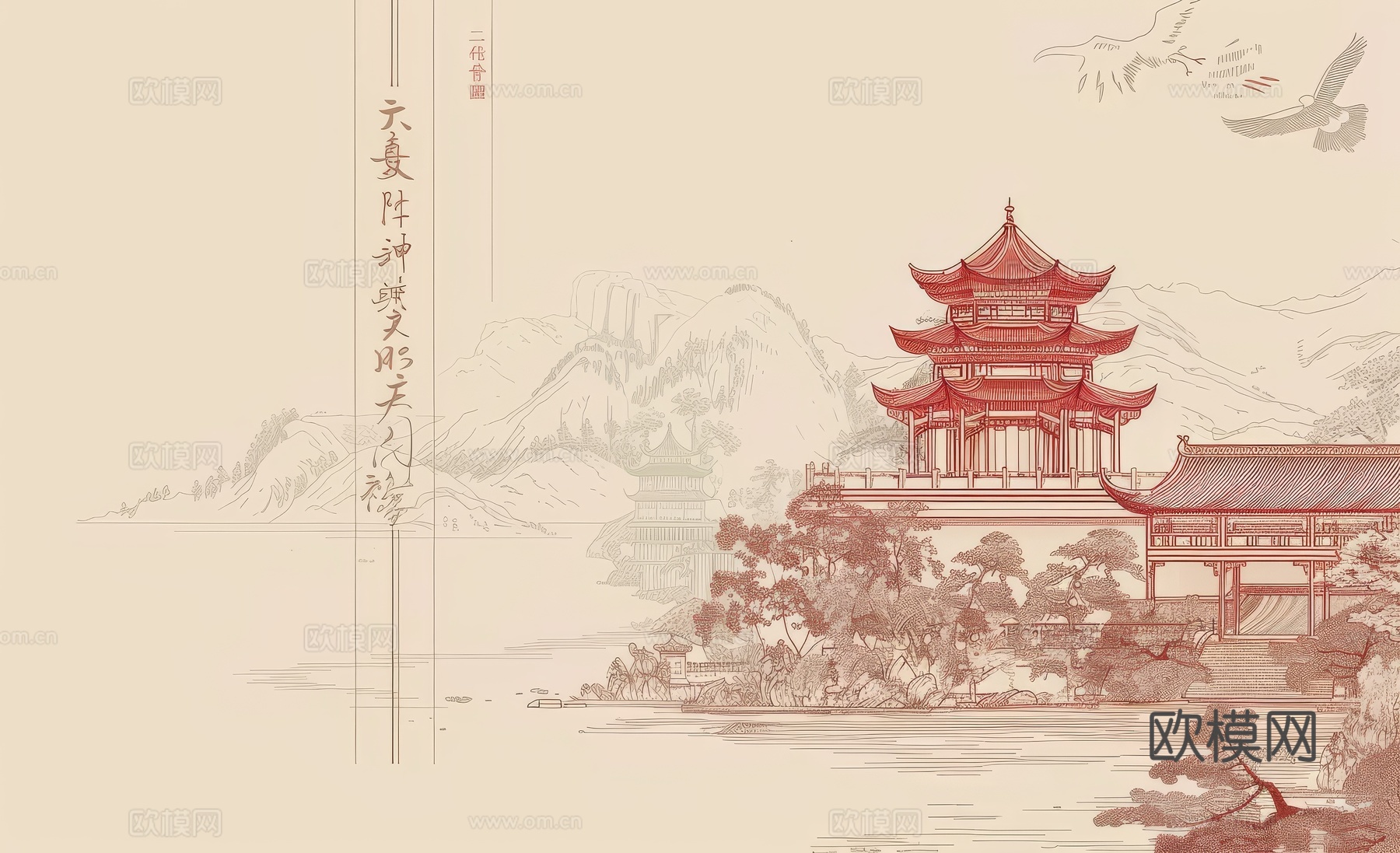 新中式亭台楼阁线条建筑壁画下载（渲染图1）