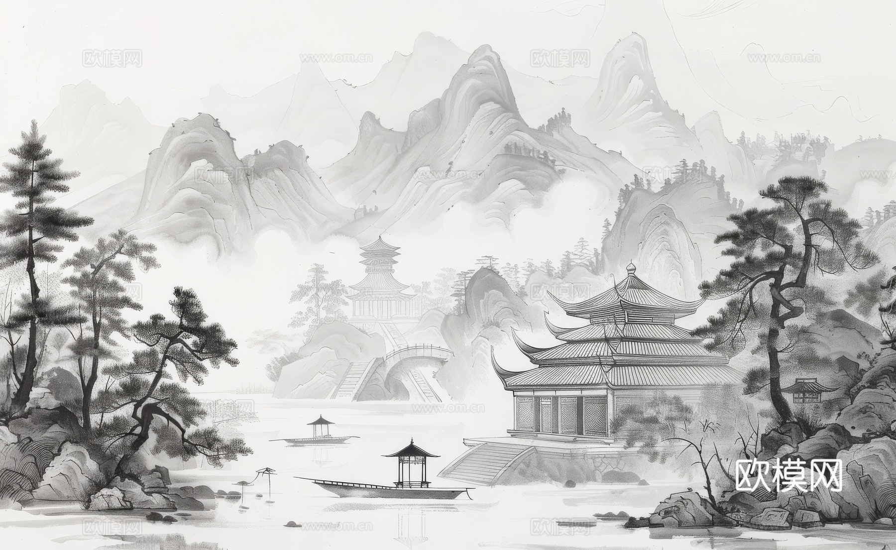 新中式亭台楼阁线条建筑壁画下载（渲染图1）