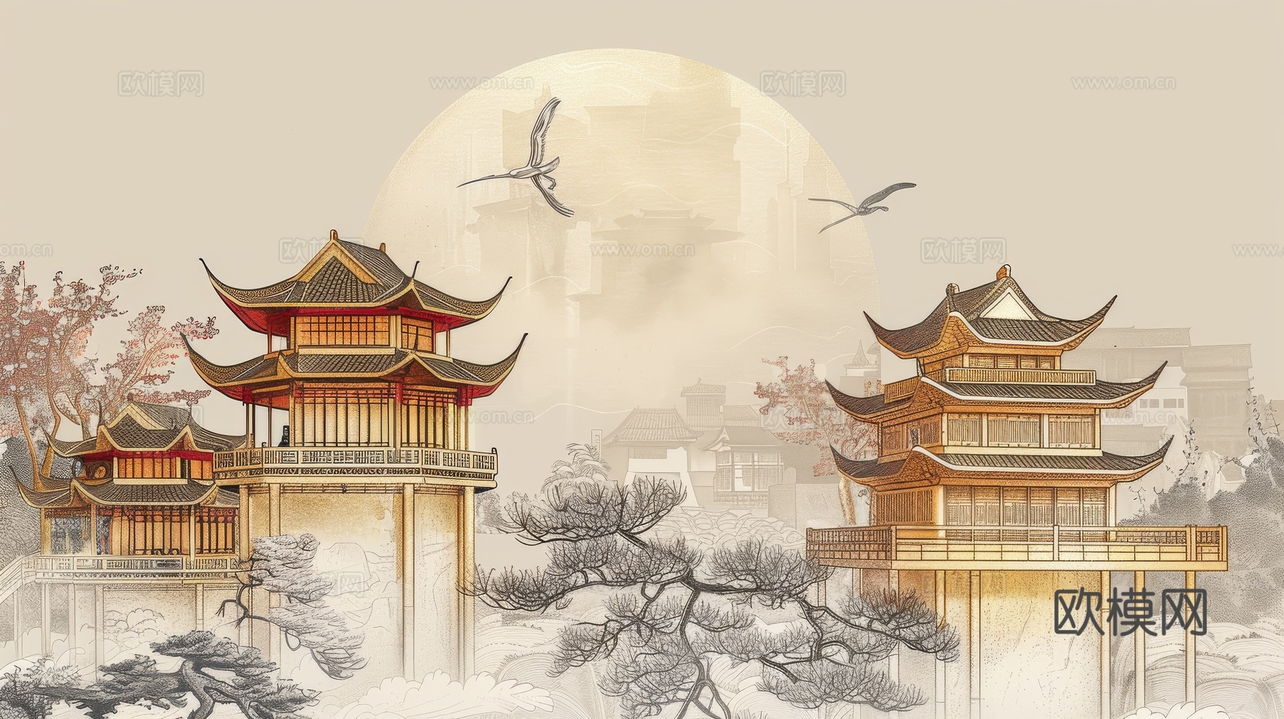 新中式亭台楼阁线条建筑壁画
