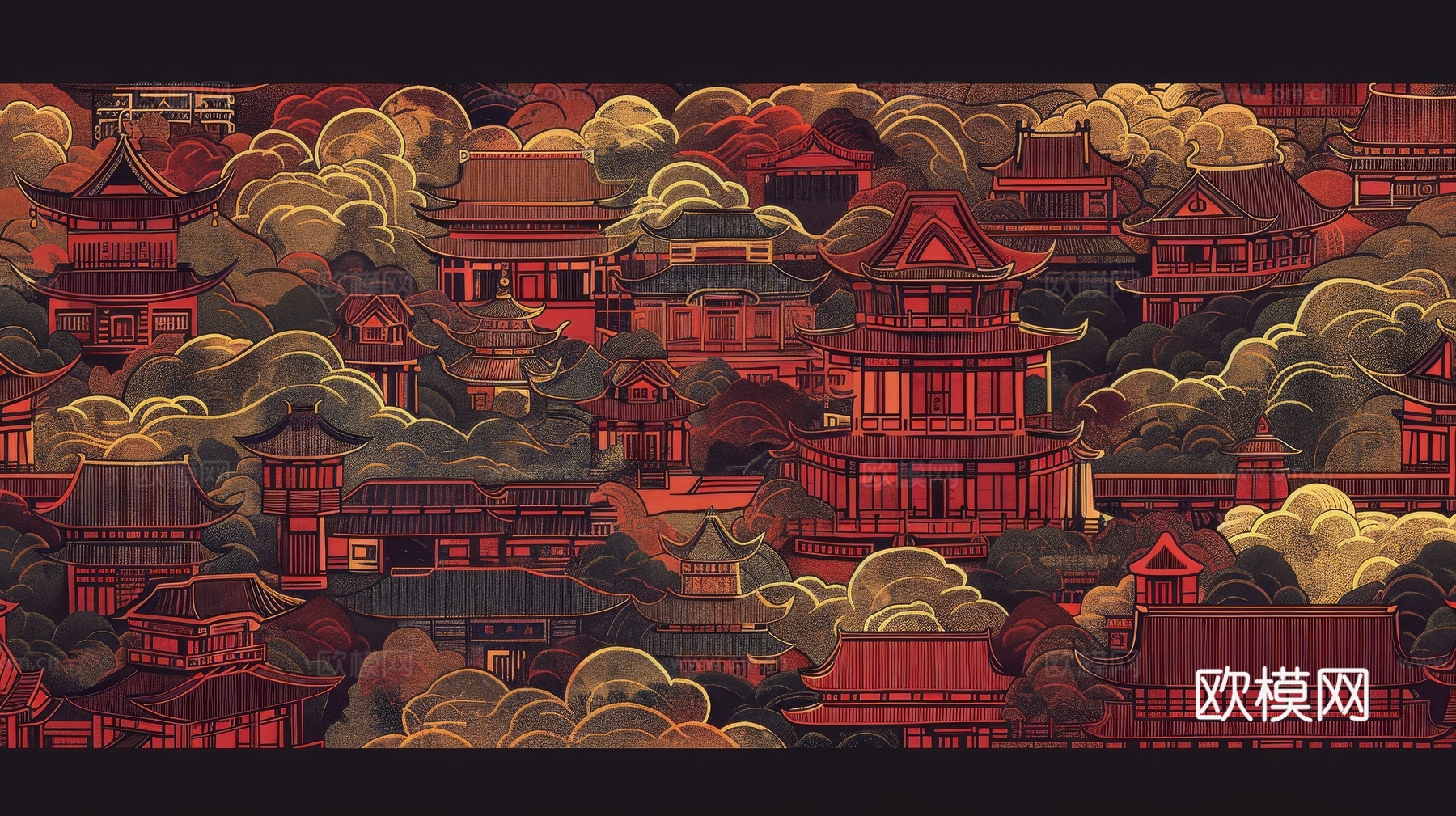 新中式亭台楼阁线条建筑壁画