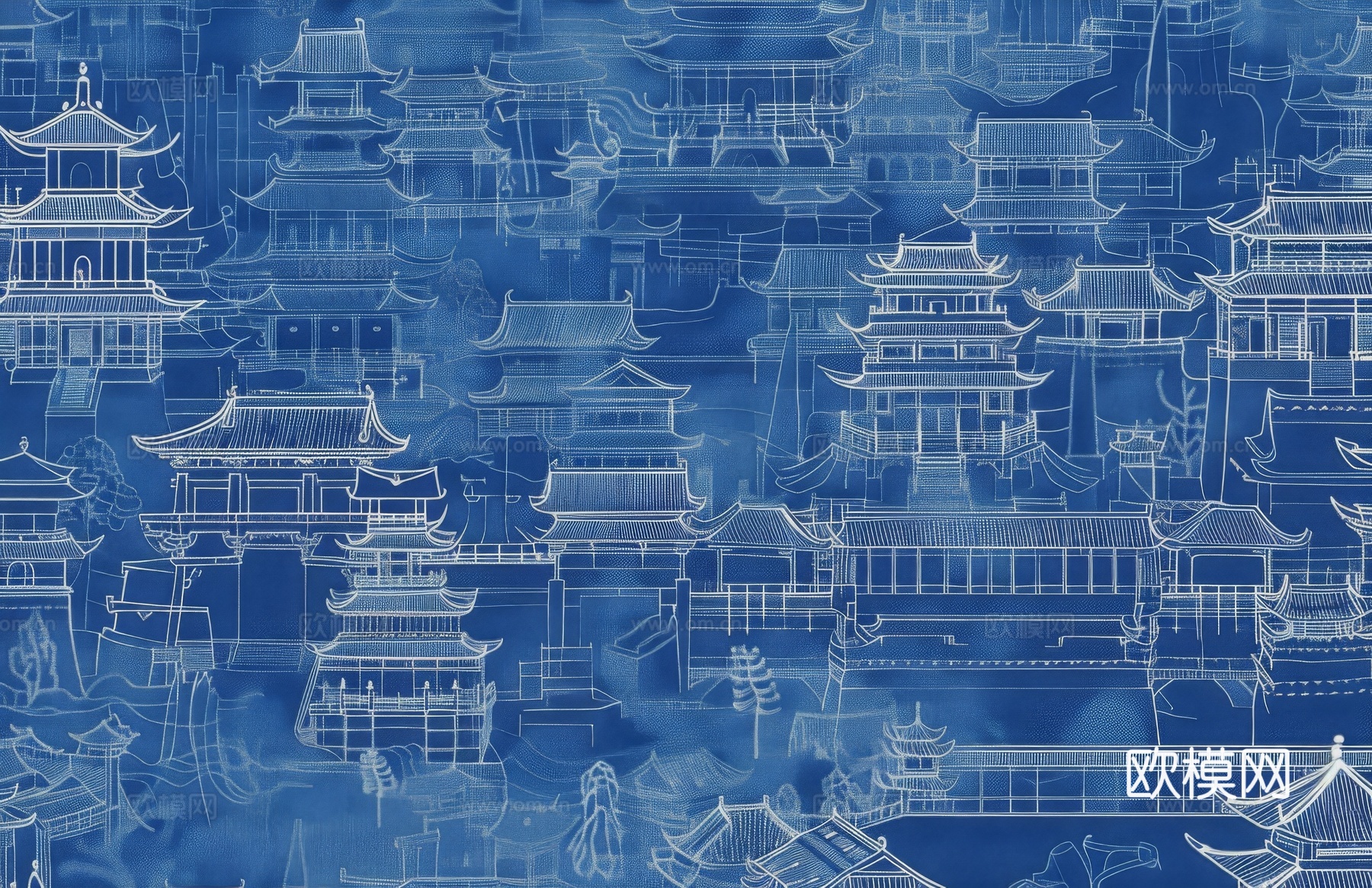 新中式亭台楼阁线条建筑壁画