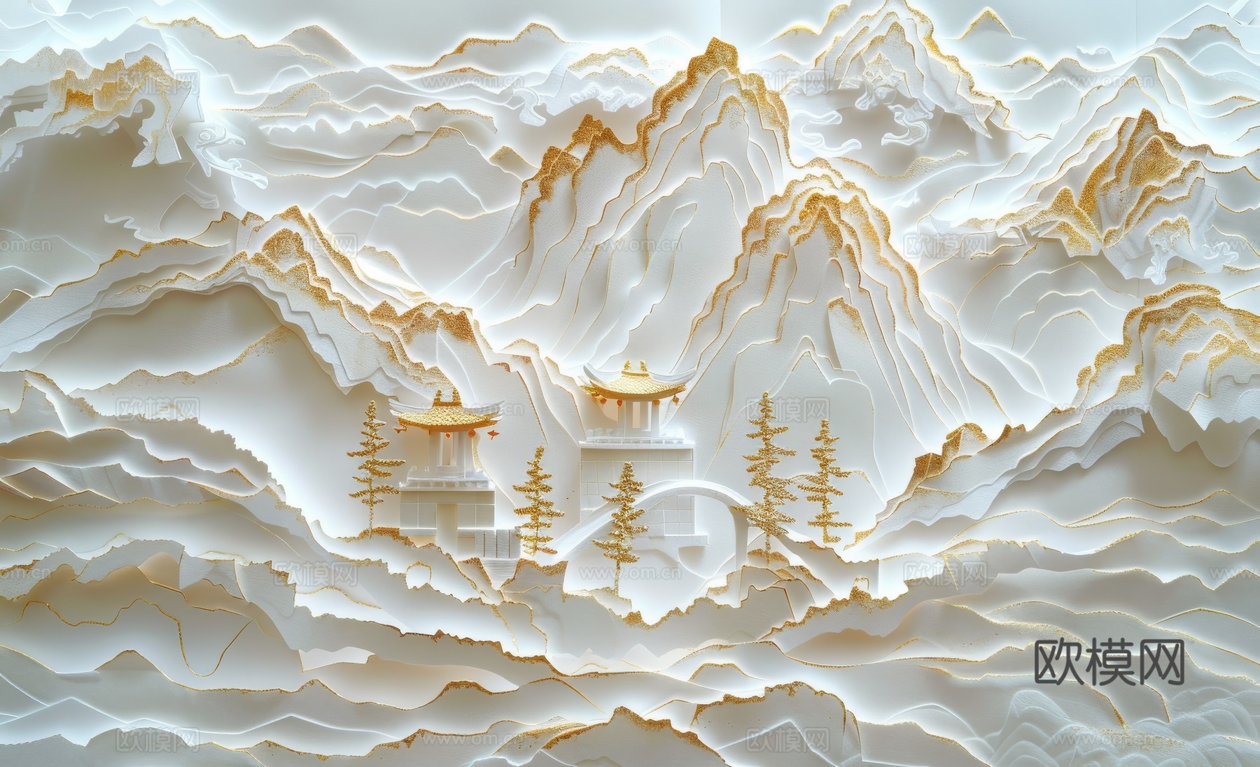 新中式亭台楼阁线条建筑壁画下载（渲染图8）