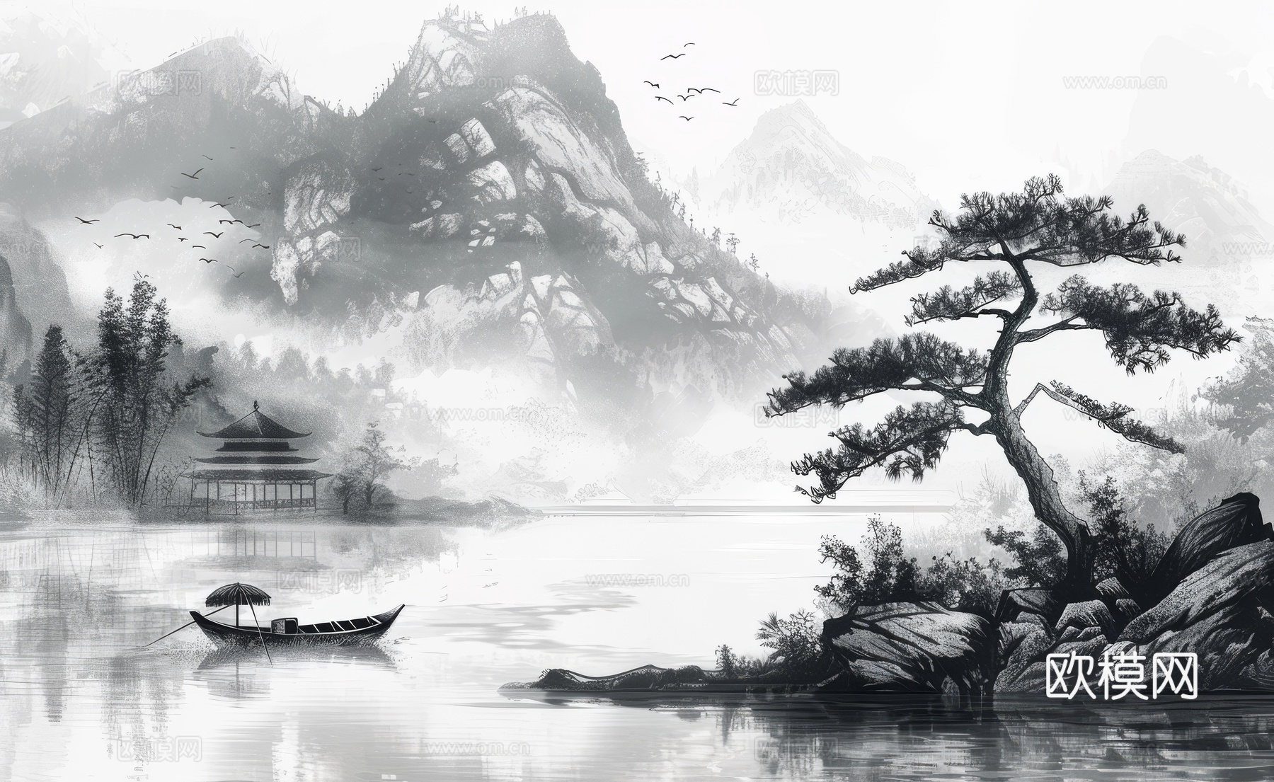 新中式亭台楼阁线条建筑壁画