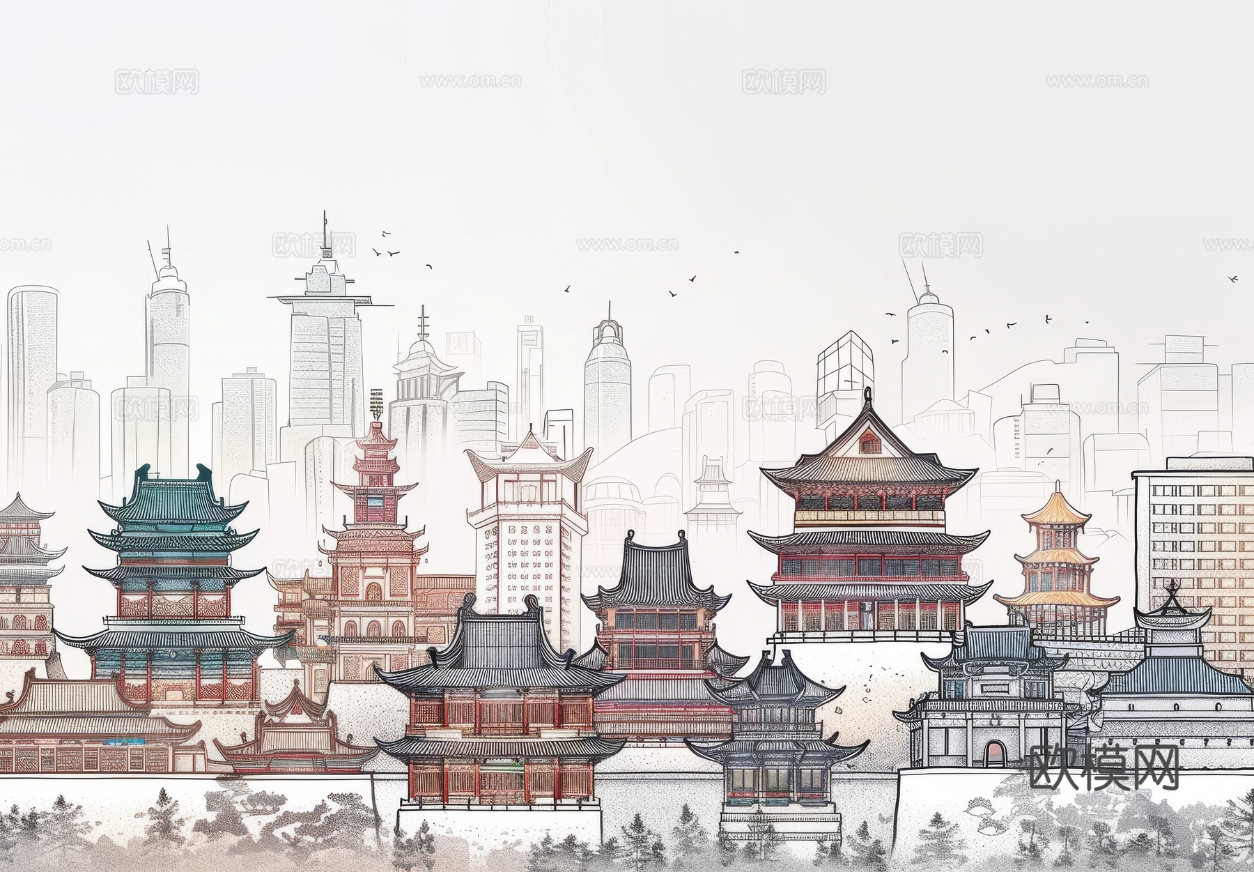新中式亭台楼阁线条建筑壁画