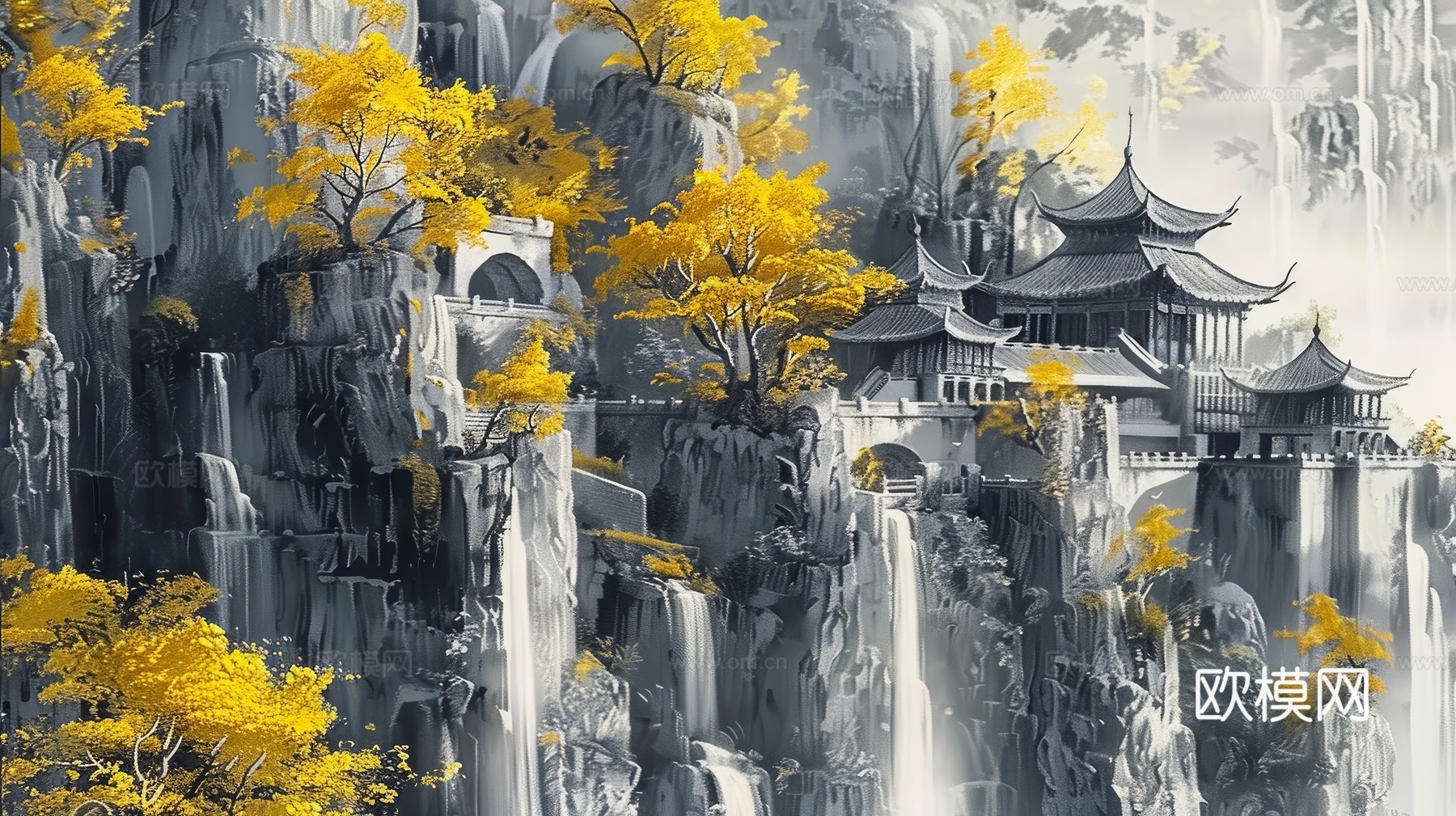新中式亭台楼阁线条建筑壁画