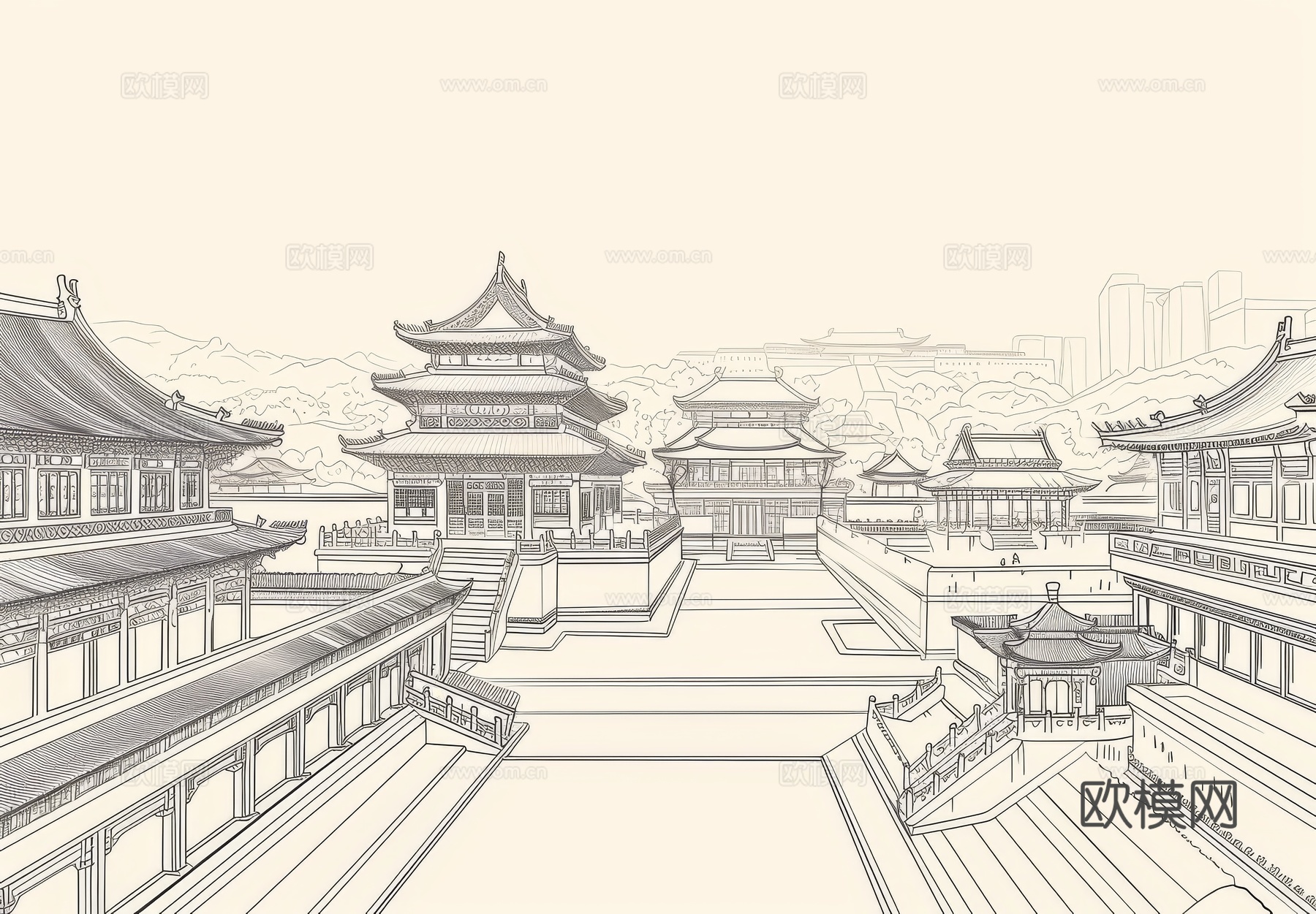 新中式亭台楼阁线条建筑壁画下载（渲染图2）