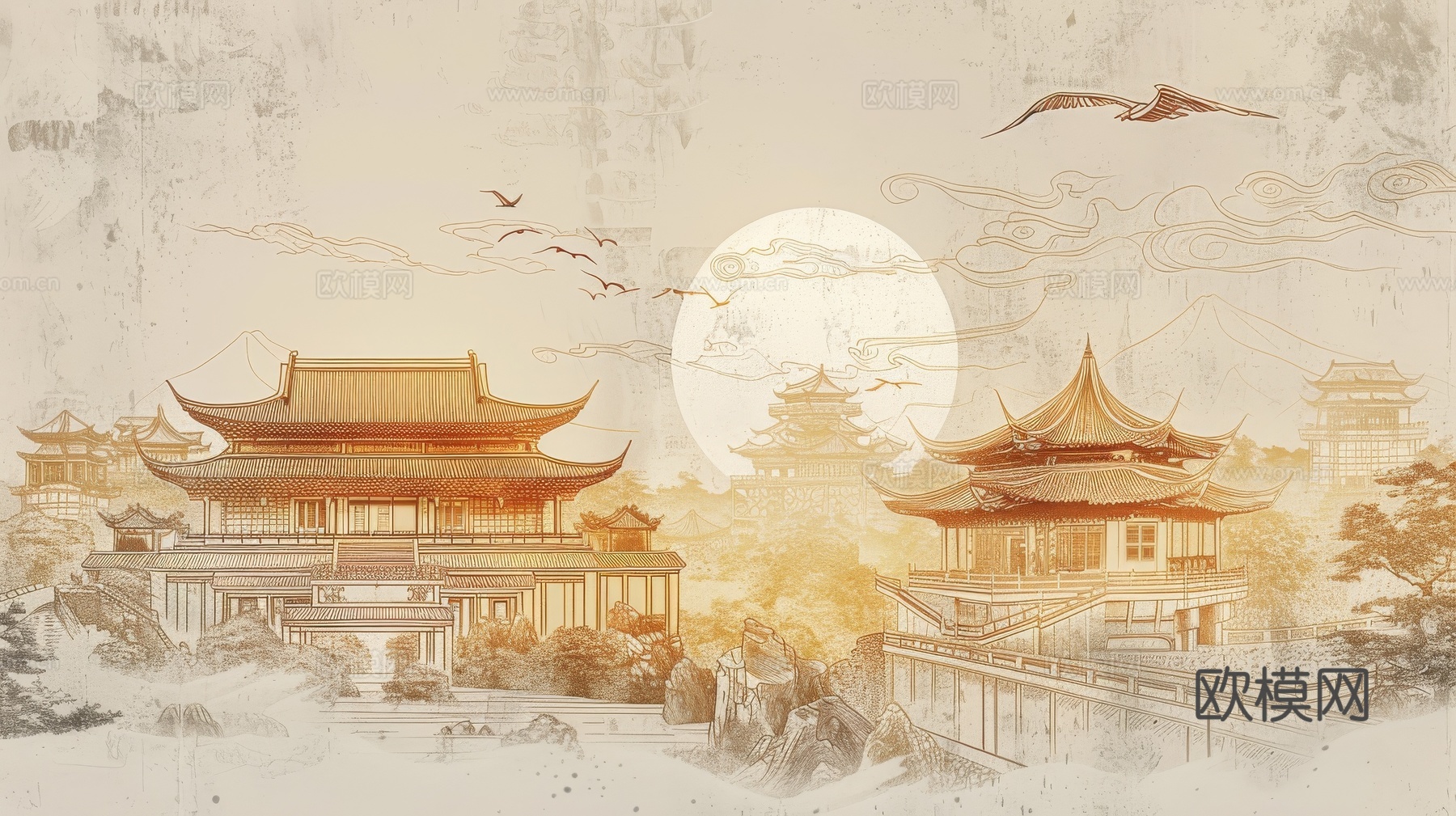 新中式亭台楼阁线条建筑壁画