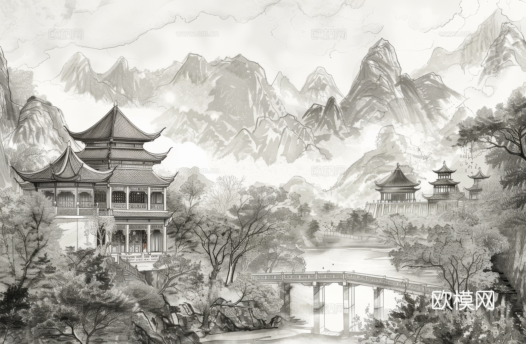 新中式亭台楼阁线条建筑壁画下载（渲染图8）