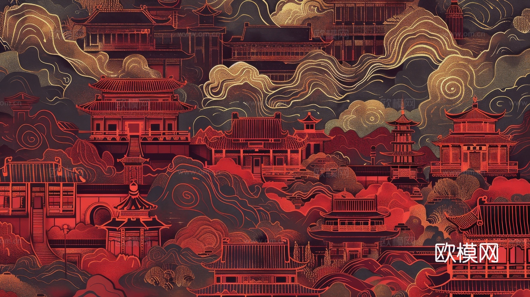 新中式亭台楼阁线条建筑壁画