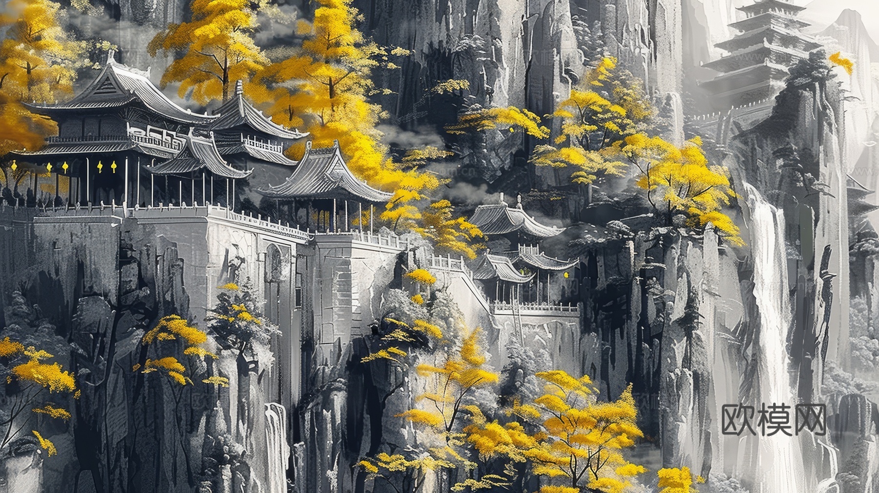 新中式亭台楼阁线条建筑壁画