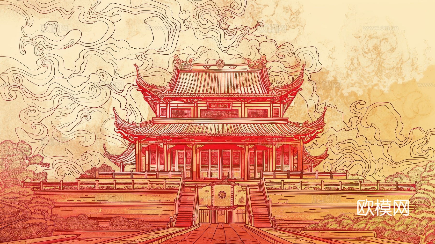 新中式亭台楼阁线条建筑壁画