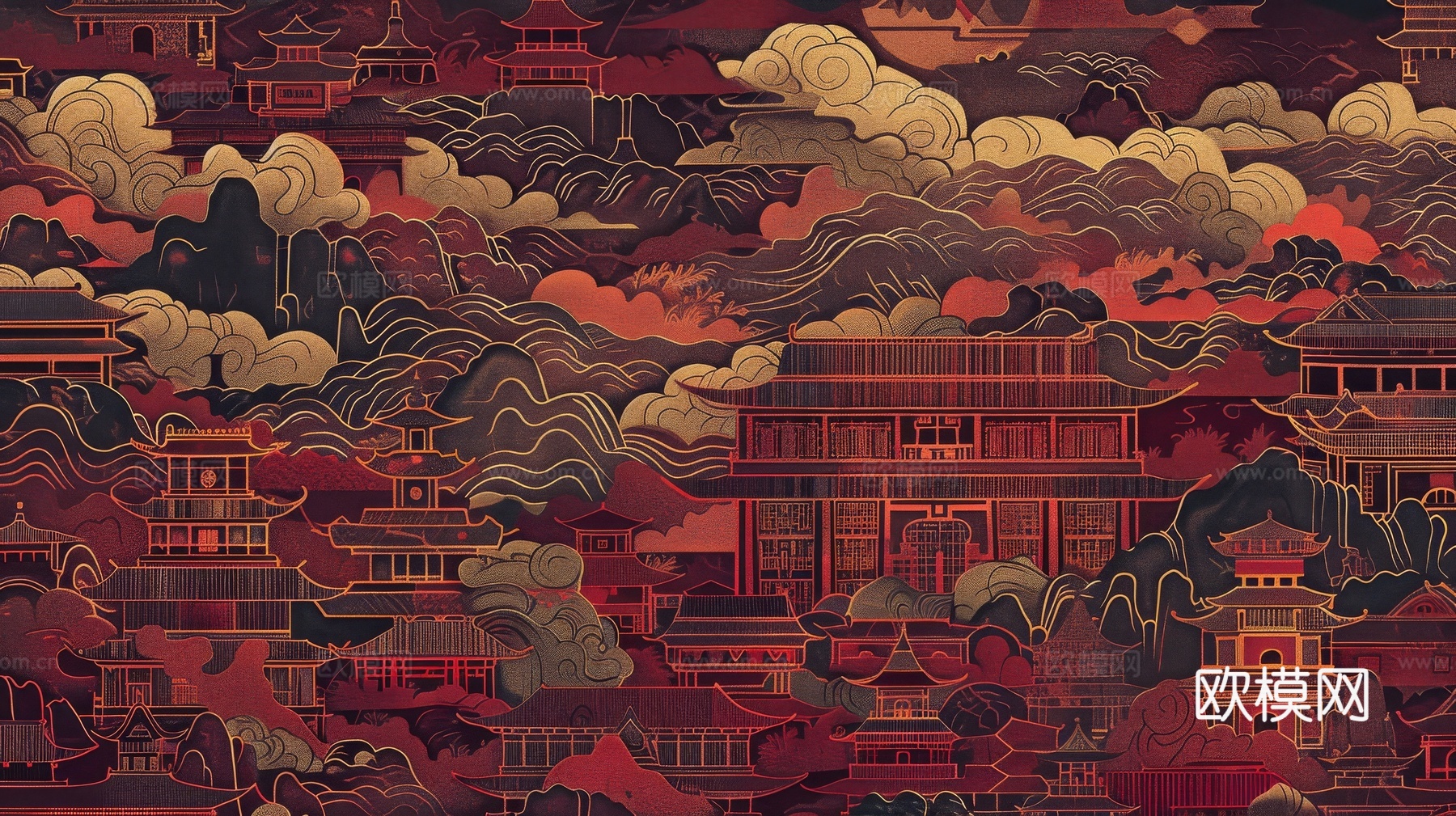 新中式亭台楼阁线条建筑壁画下载（渲染图7）