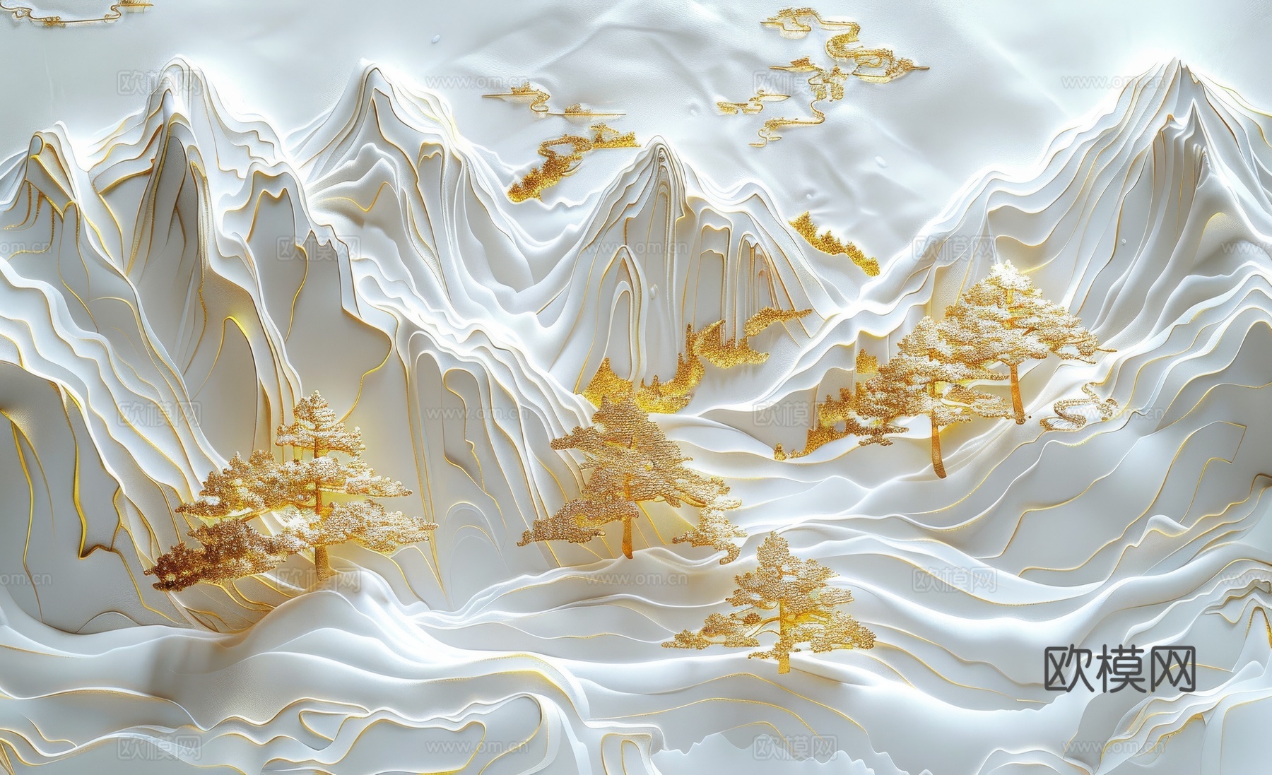 新中式亭台楼阁线条建筑壁画下载（渲染图4）