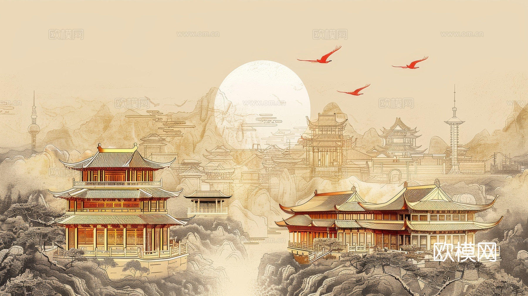 新中式亭台楼阁线条建筑壁画