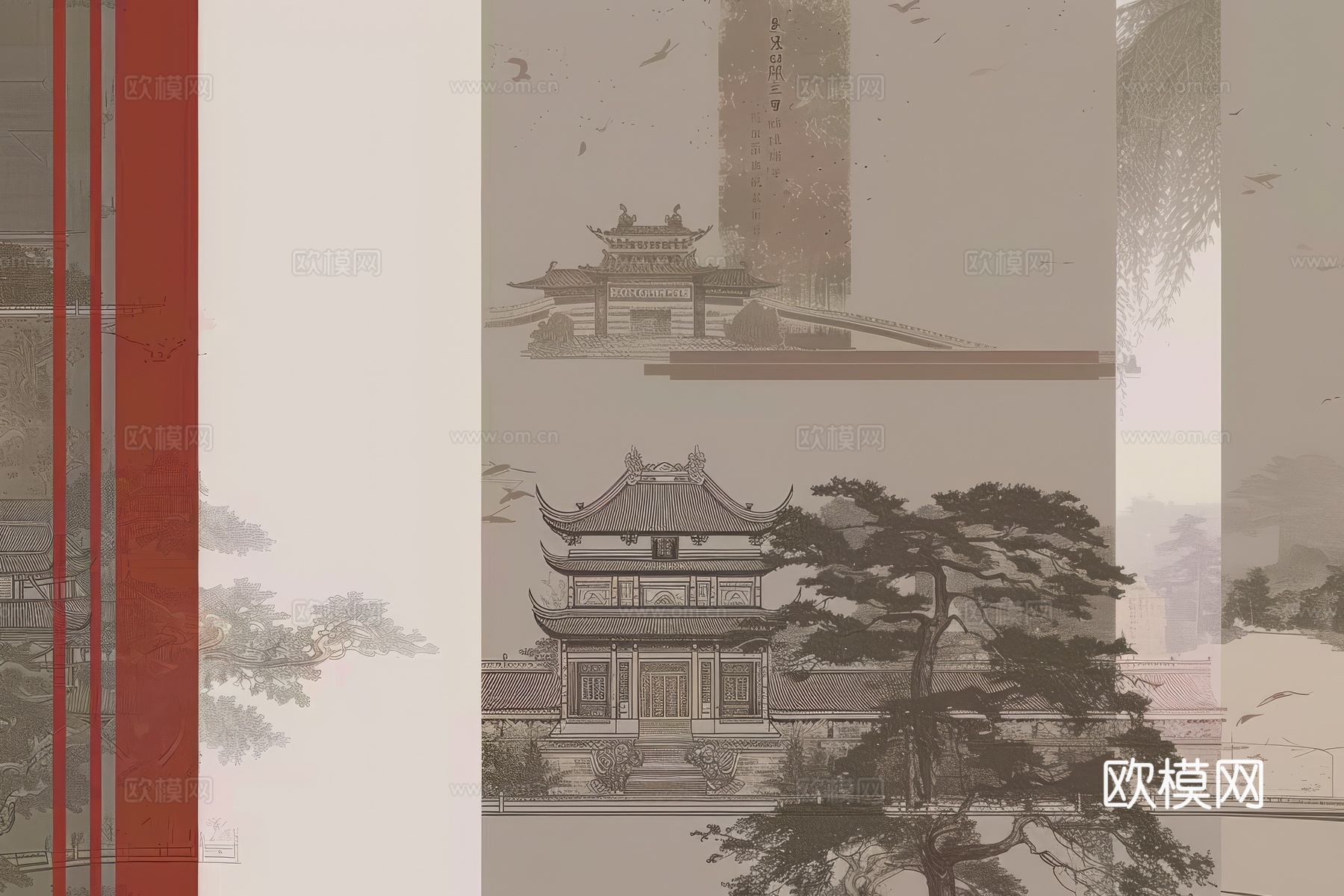 新中式亭台楼阁线条建筑壁画