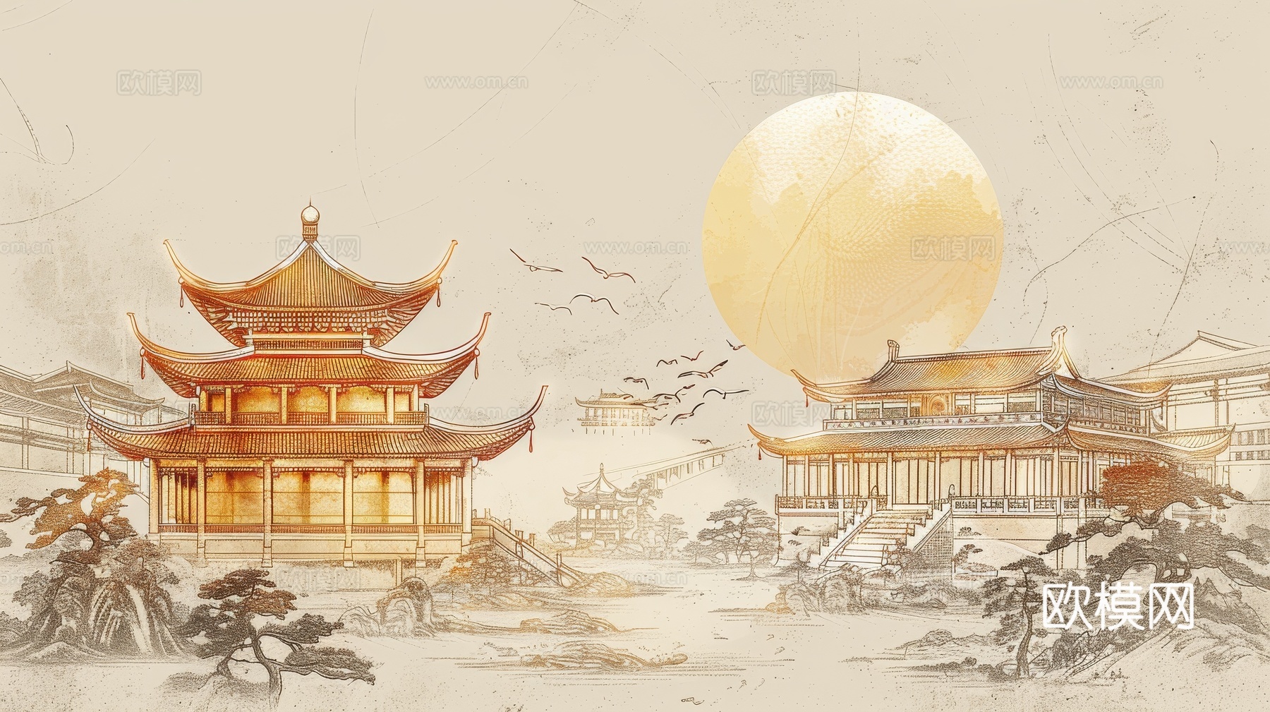 新中式亭台楼阁线条建筑壁画