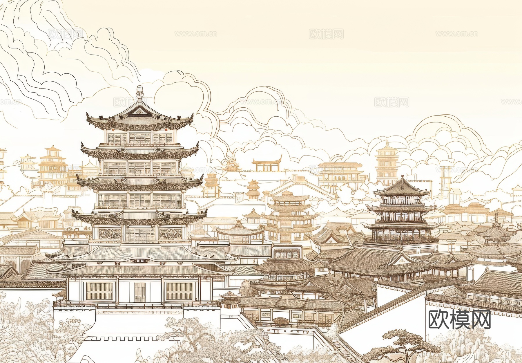 新中式亭台楼阁线条建筑壁画