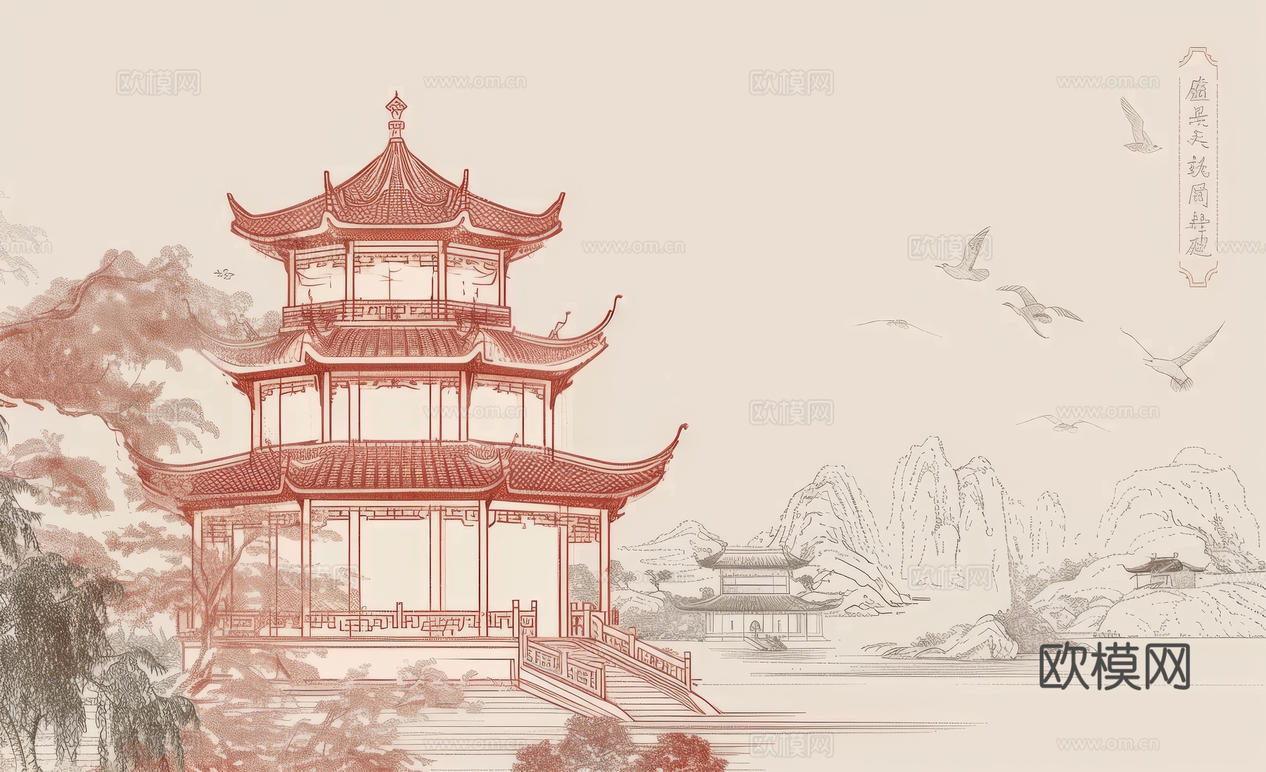 新中式亭台楼阁线条建筑壁画