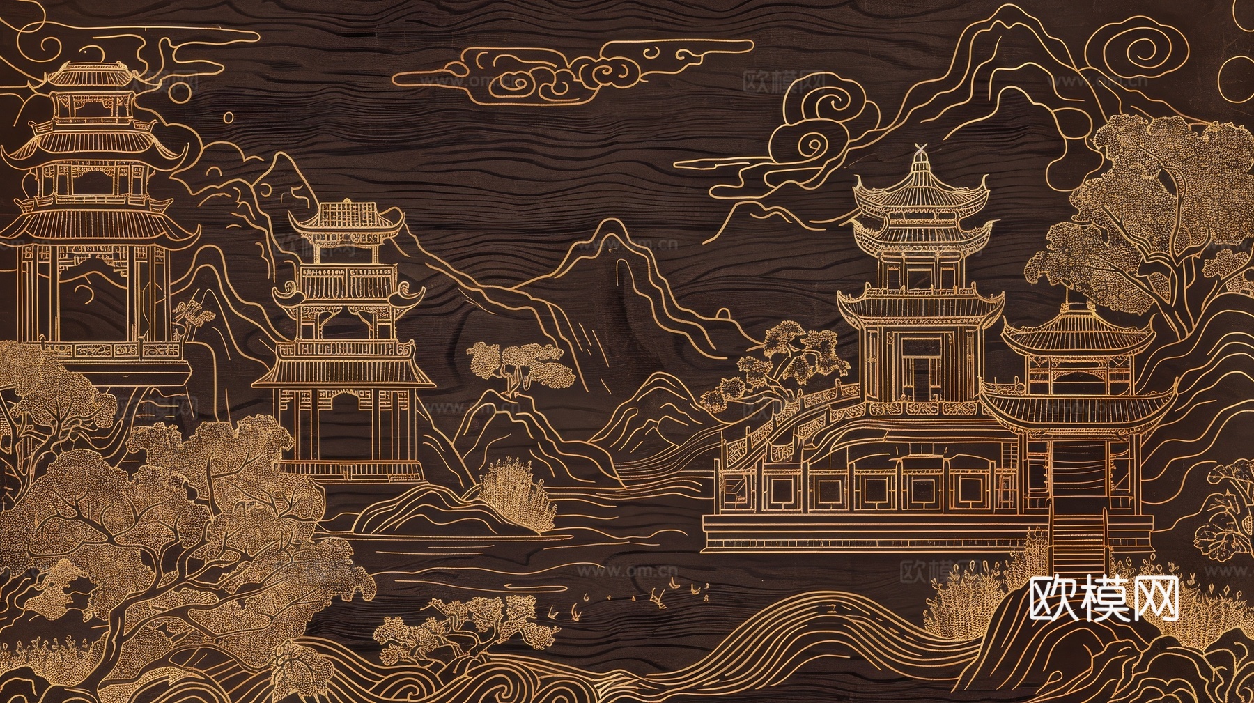新中式亭台楼阁线条建筑壁画