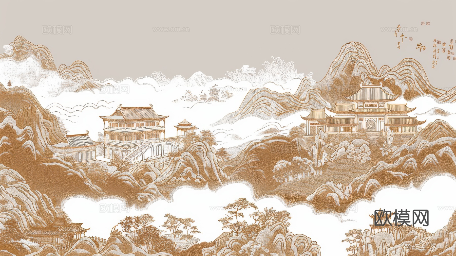 新中式亭台楼阁线条建筑壁画