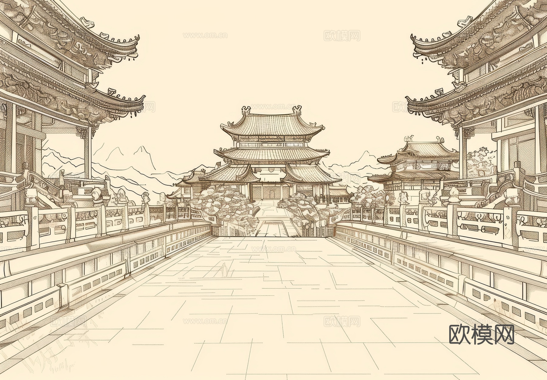 新中式亭台楼阁线条建筑壁画下载（渲染图3）