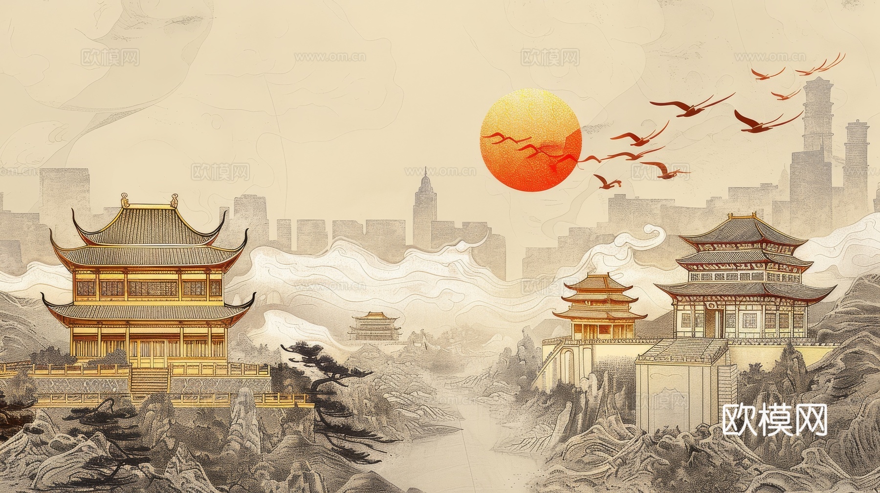 新中式亭台楼阁线条建筑壁画