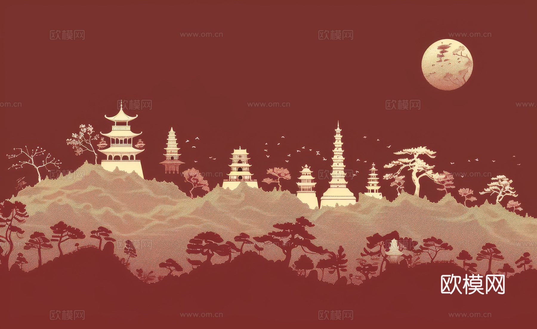 新中式亭台楼阁线条建筑壁画