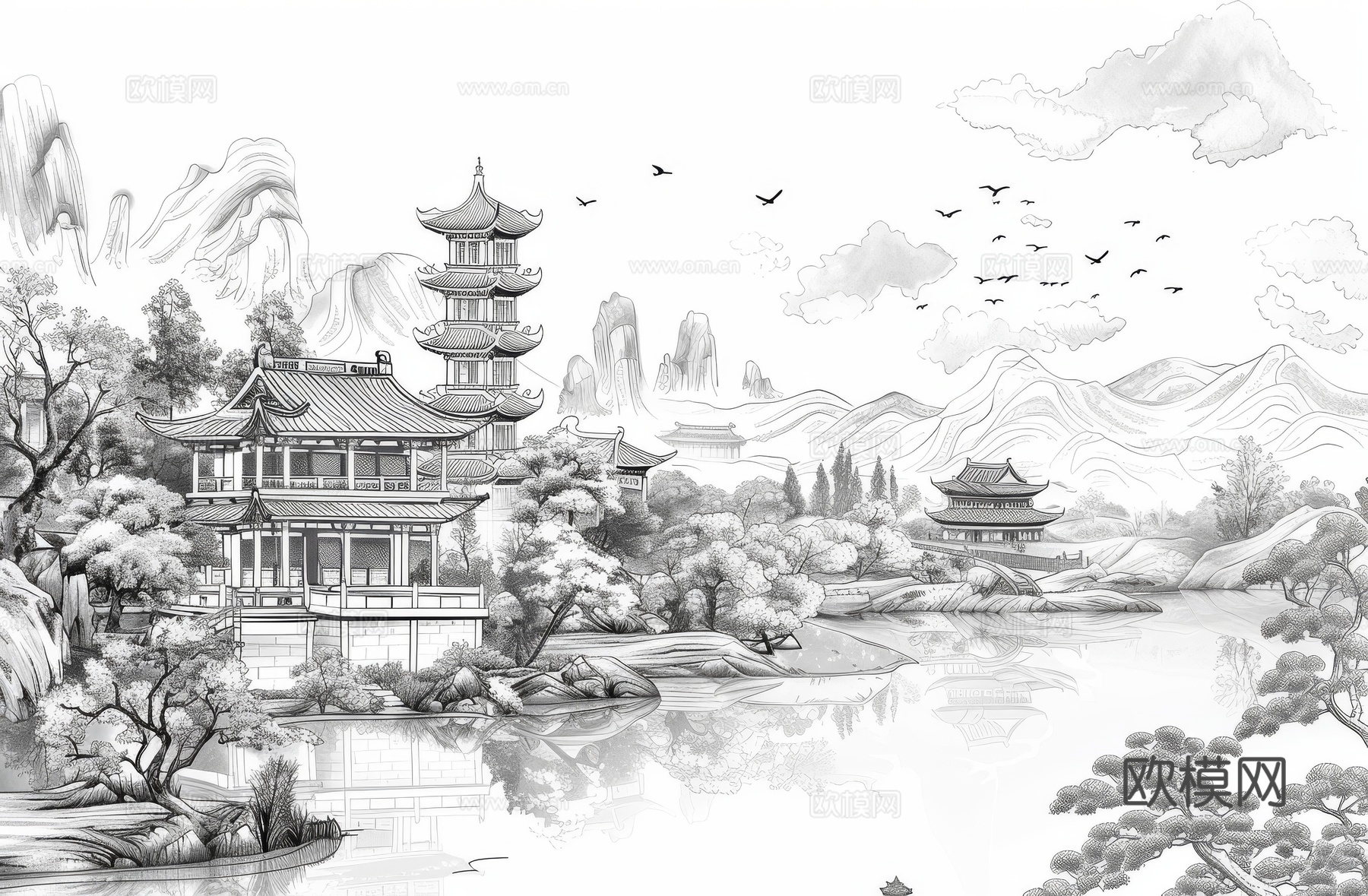 新中式亭台楼阁线条建筑壁画