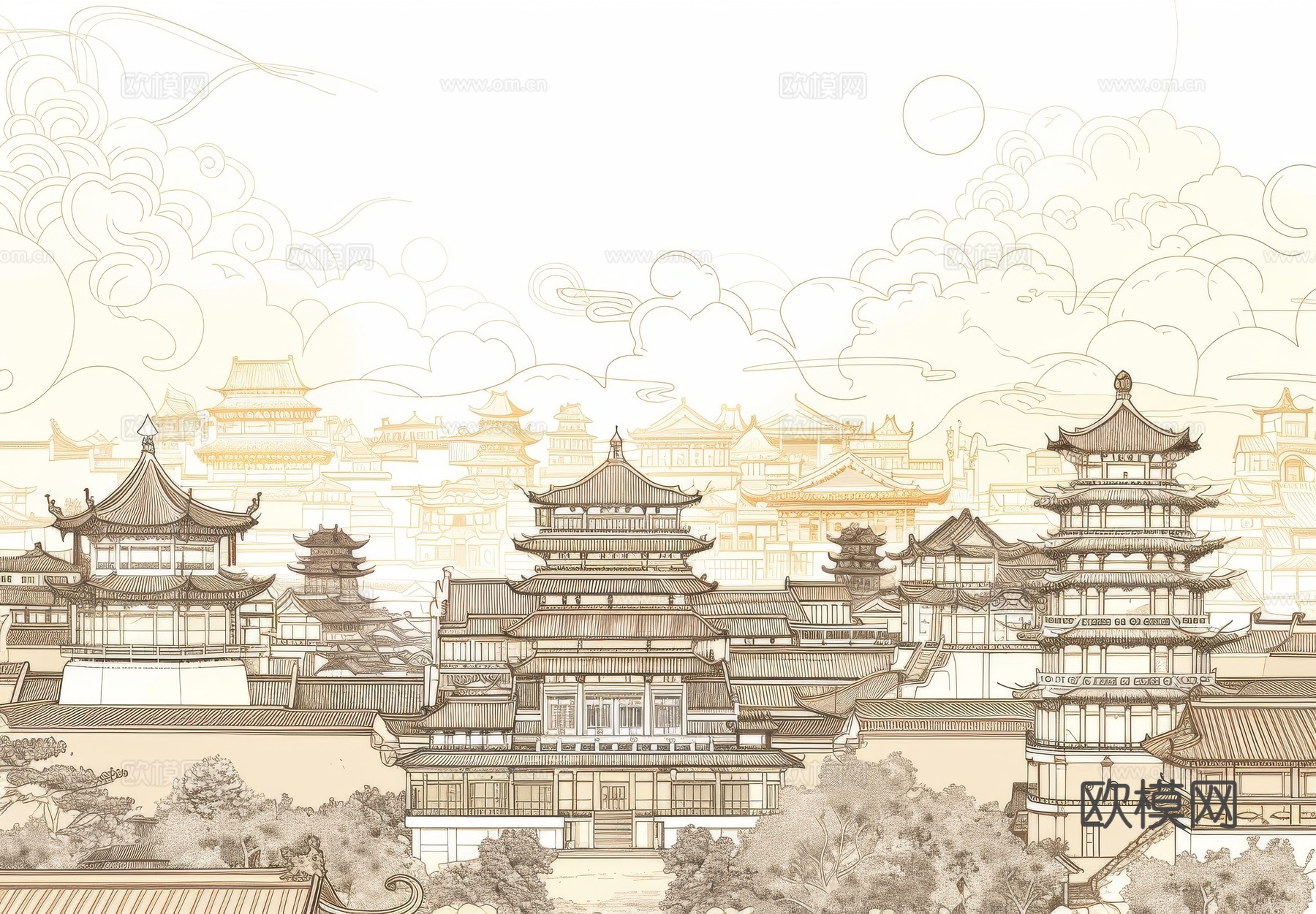 新中式亭台楼阁线条建筑壁画