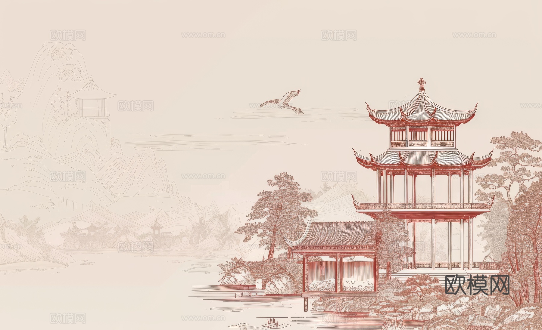 新中式亭台楼阁线条建筑壁画