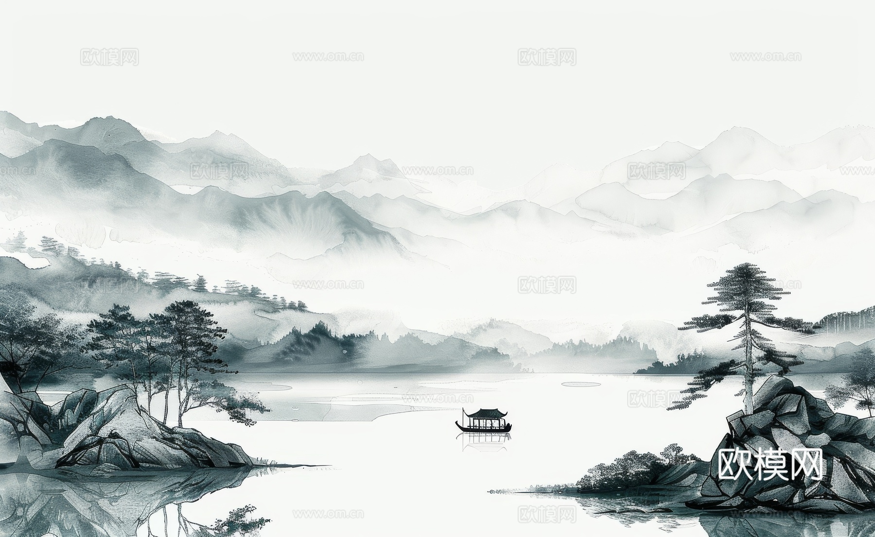 新中式亭台楼阁线条建筑壁画