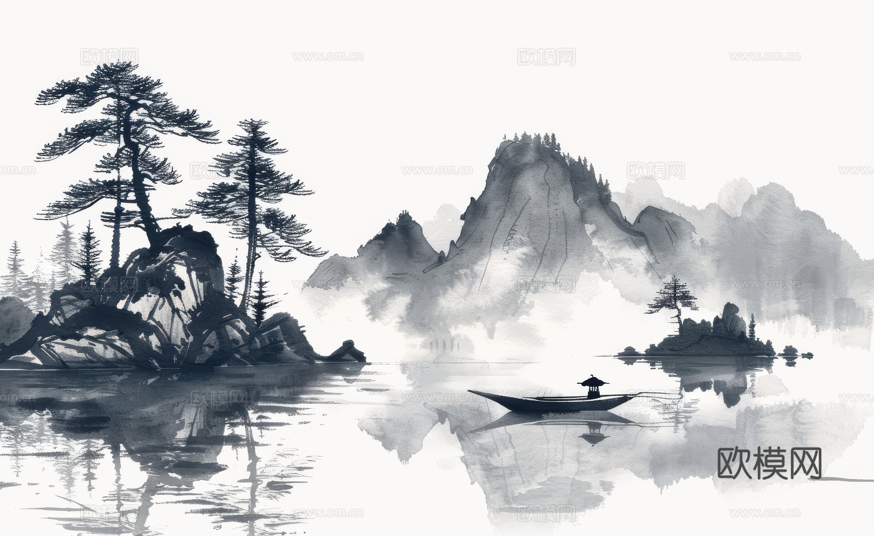 新中式亭台楼阁线条建筑壁画