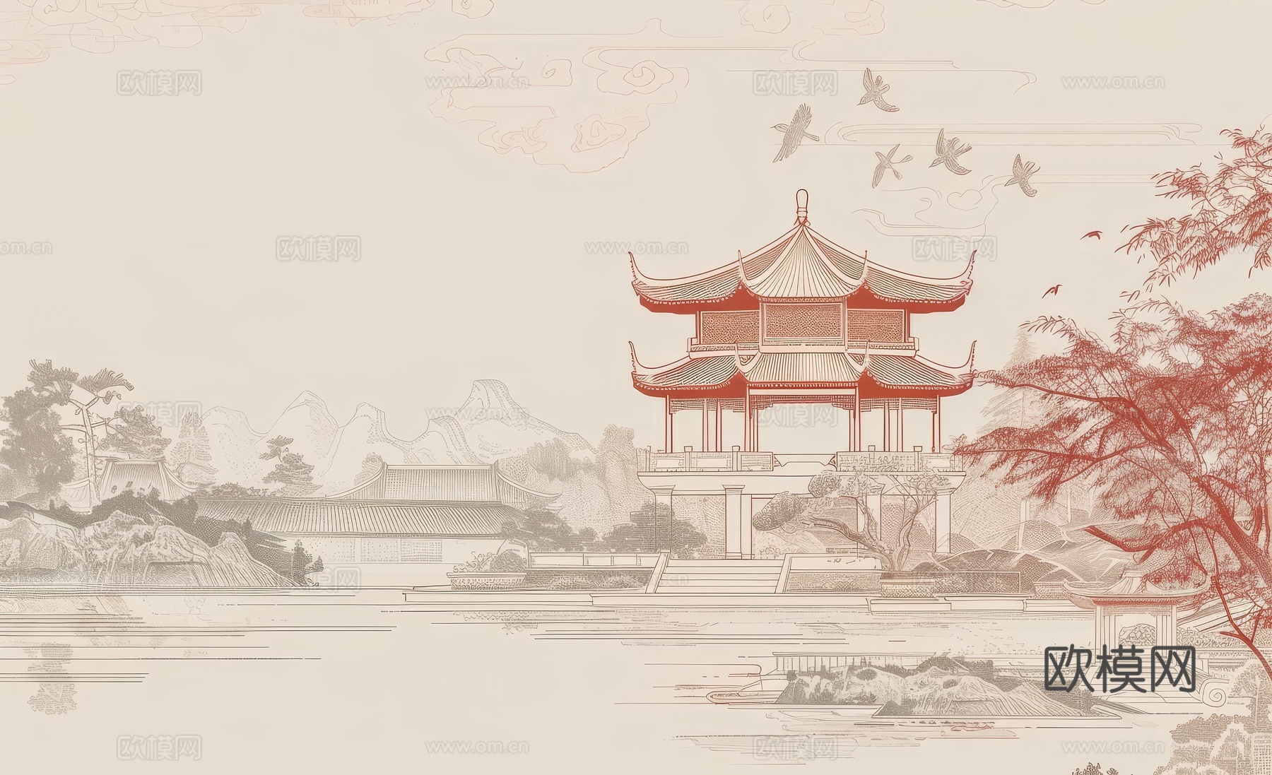 新中式亭台楼阁线条建筑壁画